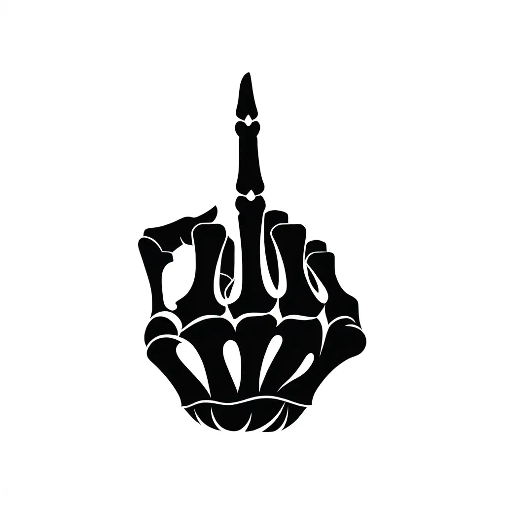 skeleton hand giving the middle finger with all other fingers clutched like a fist, black vector art, white background