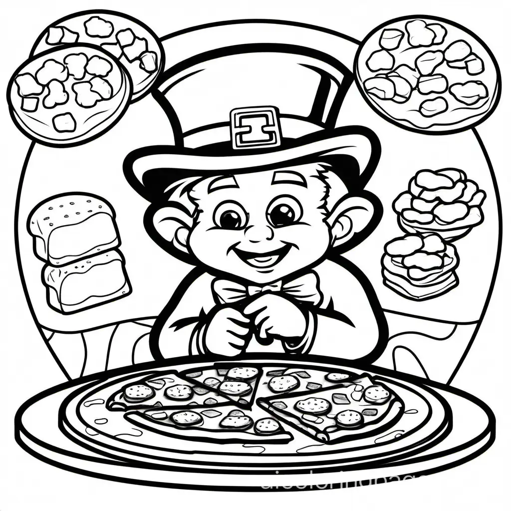 leprechaun eating pizza and chicken nuggets
, Coloring Page, black and white, line art, white background, Simplicity, Ample White Space. The background of the coloring page is plain white to make it easy for young children to color within the lines. The outlines of all the subjects are easy to distinguish, making it simple for kids to color without too much difficulty
