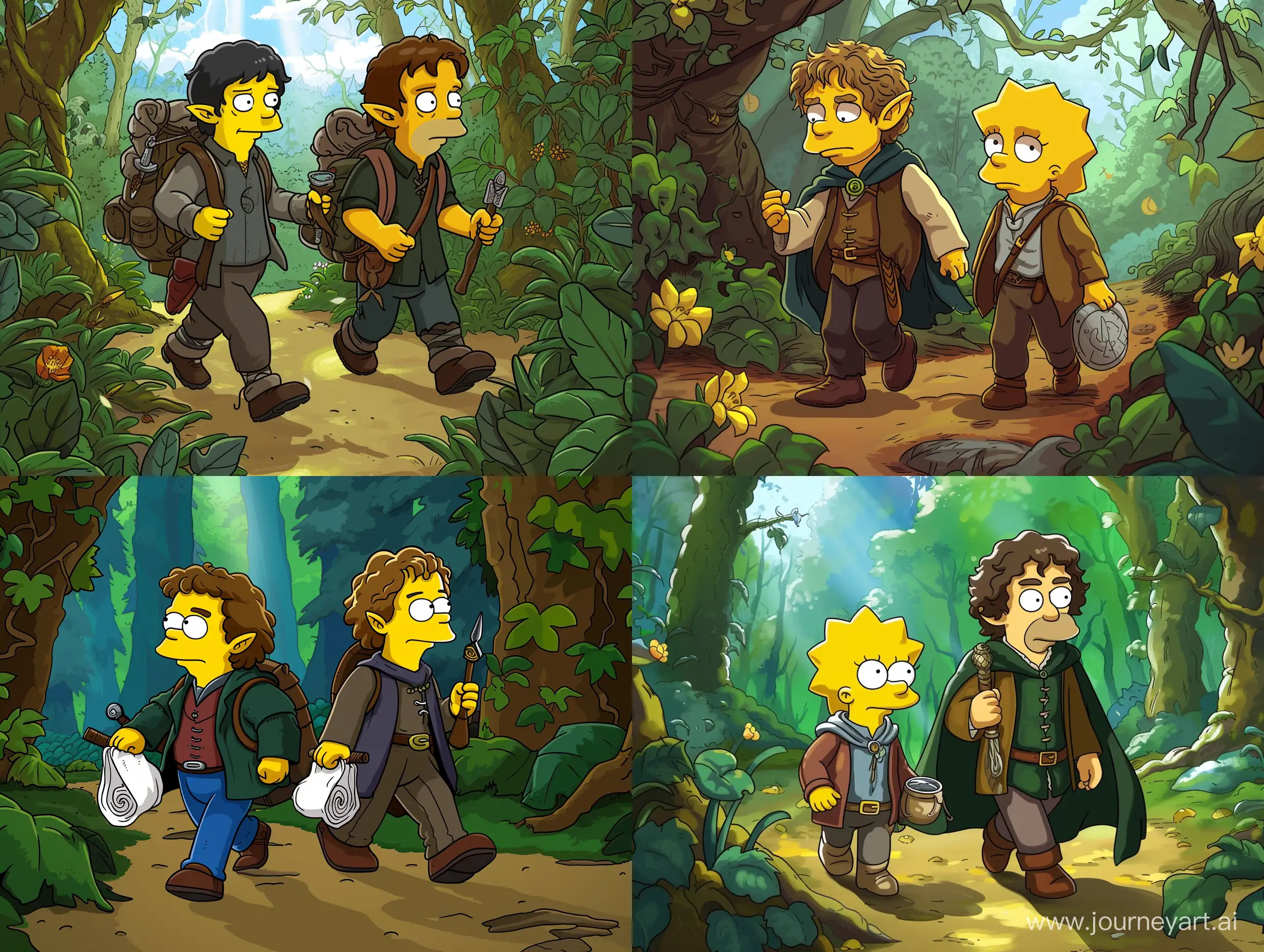 Фродо и Сэм властелин колец идут по лесу, в стиле симпсонов