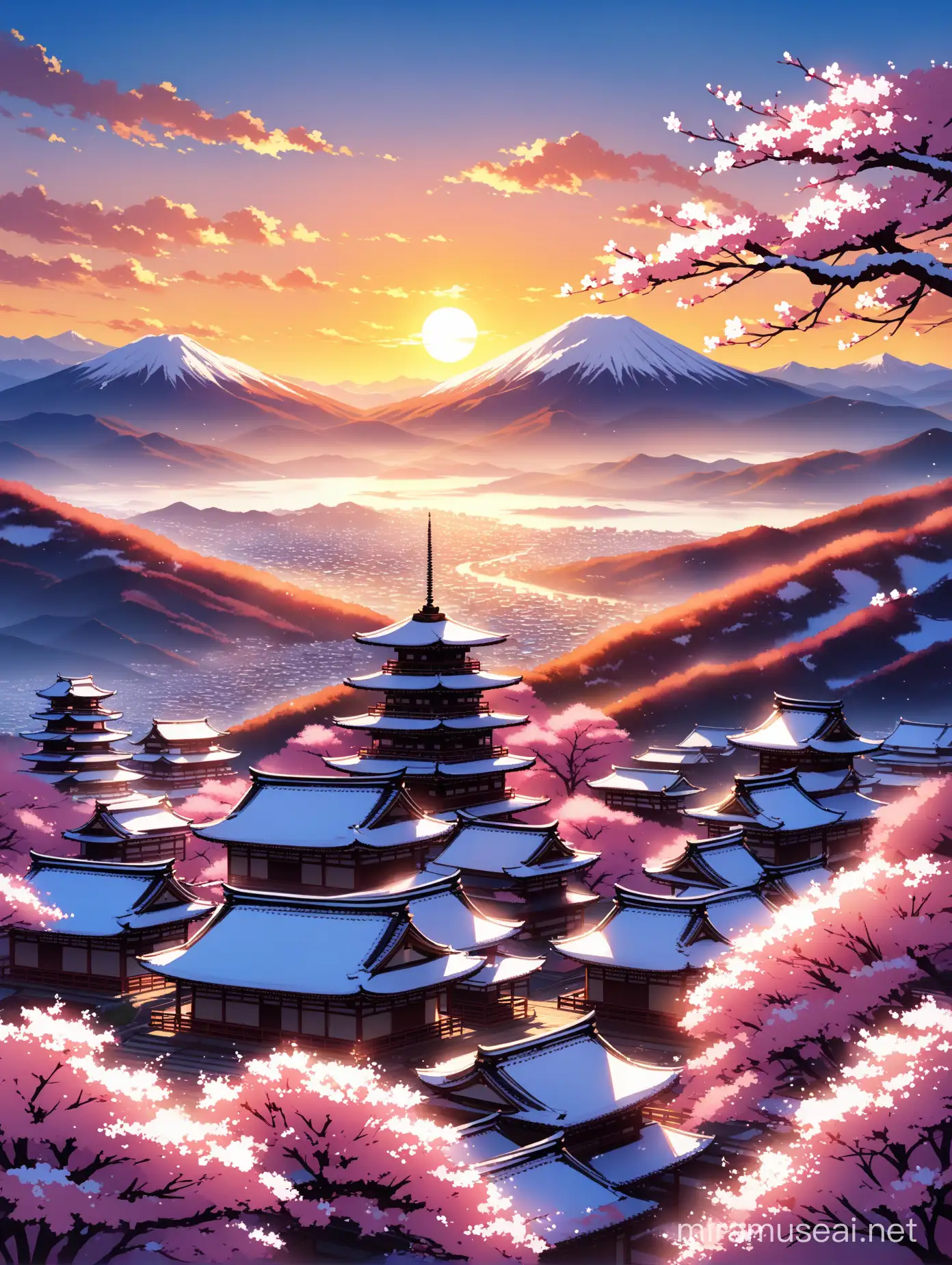 A beautiful photo of a japanese village which is taken from a high mountain, beautiful sakura trees and snowy mountains can be seen far away also an old temple, beautiful sky and bright sunset, dark pink themed,landscape,photography