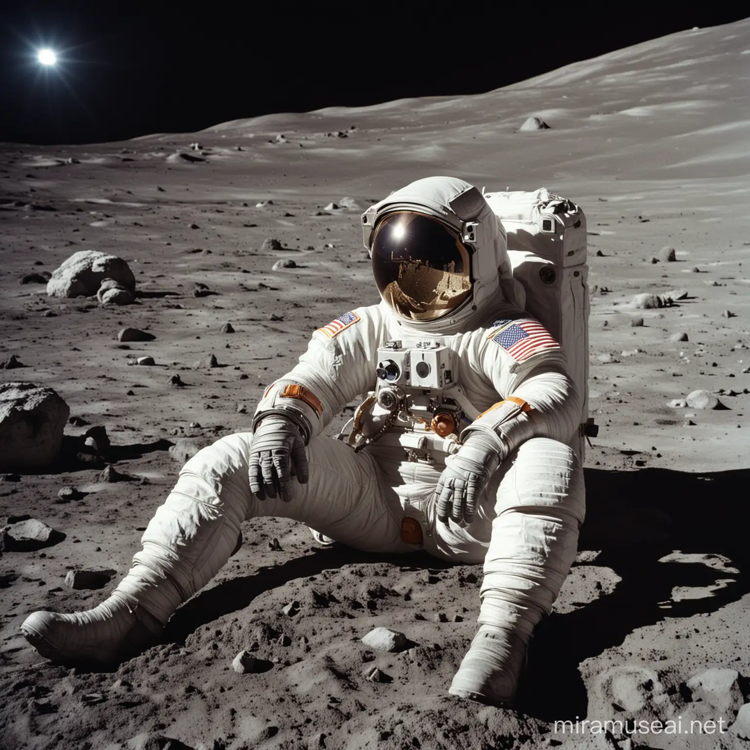 An astronaut sits on the moon in a spacesuit and calls
