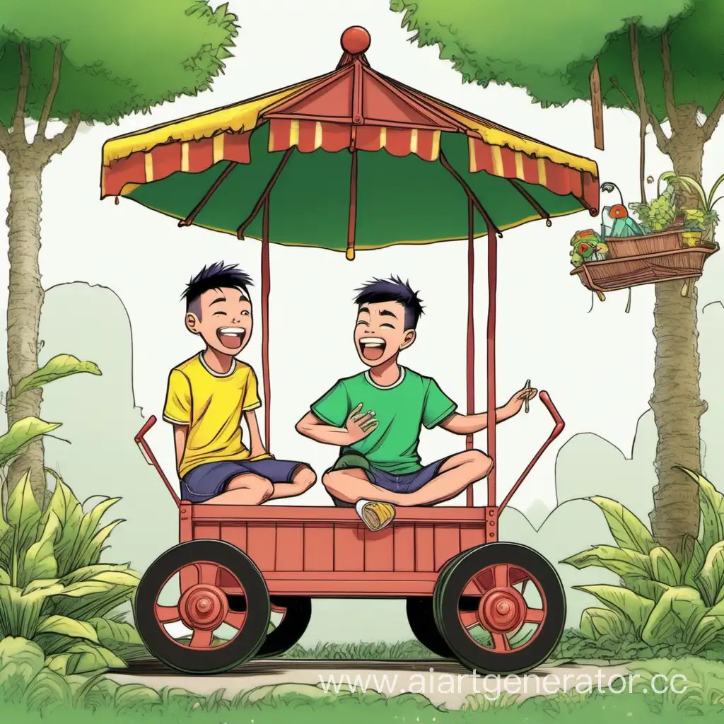 два молодых человека сидят в садовой тачке, сделай, чтобы у одного из них весел над головой ник пиу пиу