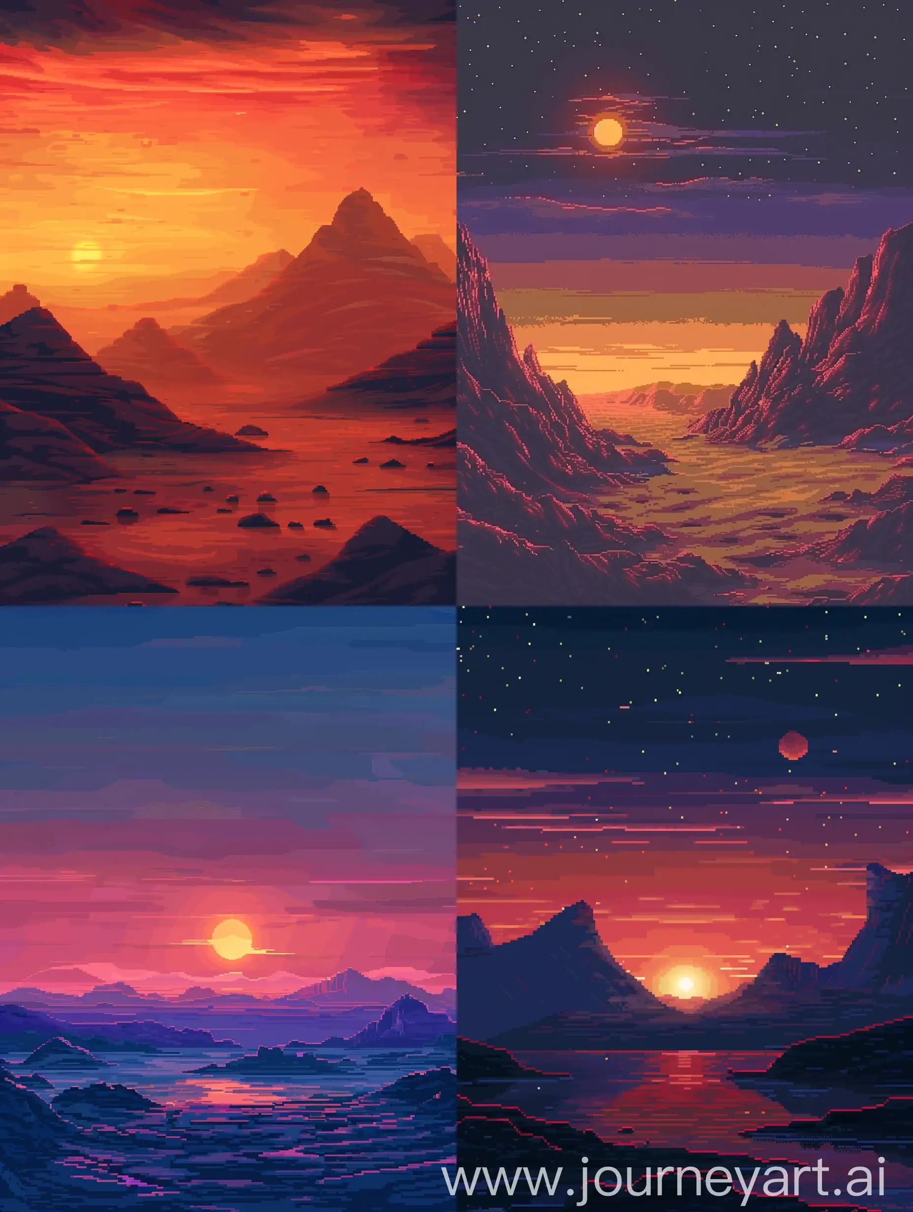 Pixel art. A Desert on unknown planet. Sunset. Mountains
