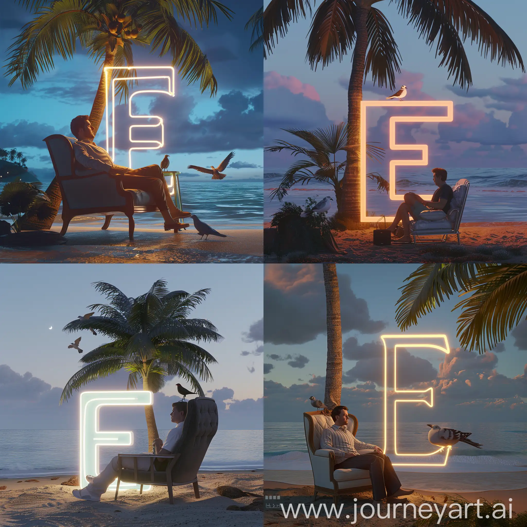 a man sitting in an armchair under a palm tree on the beach, with a bird sitting on top of a chair, 3D rendering, the white letter "E" glows with neon verdadism, vray rendering, Chris Labroy