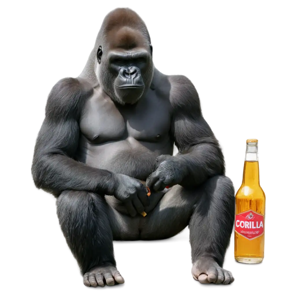 a gorilla smokes a cigarette and drinks beer