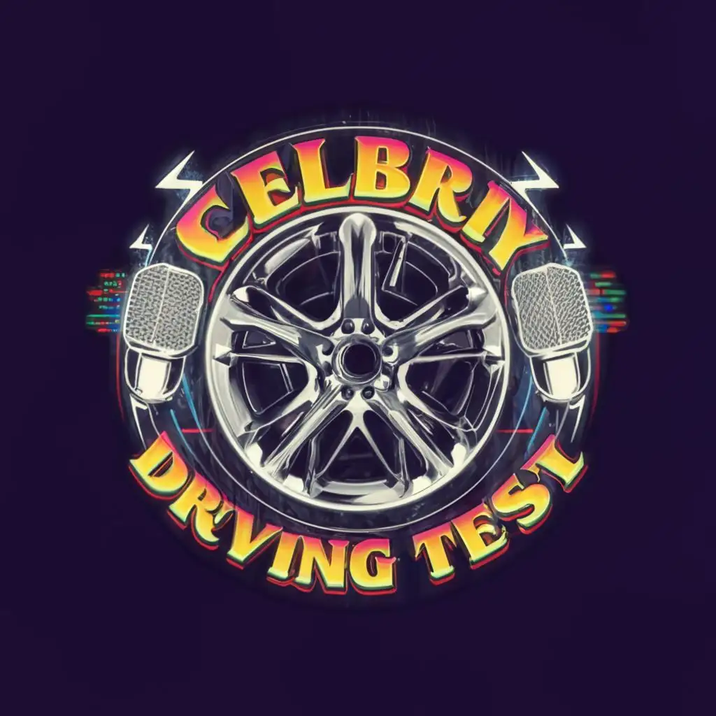 a logo design,with the text "Celebrity Driving Test", main symbol:Something with a badass car wheel and a microfone. Something like that would be awesome!,Moderate,clear background
