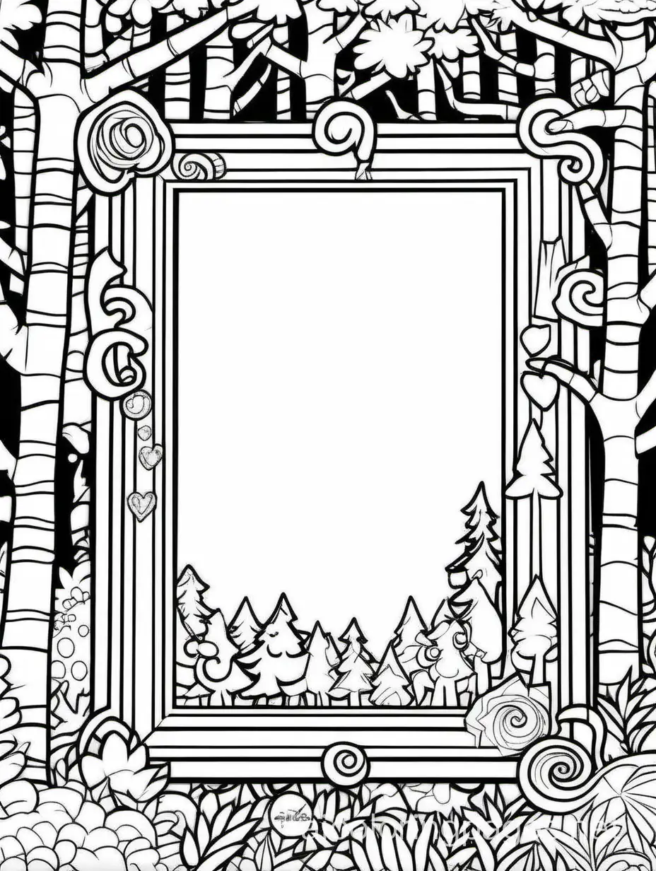 Lisa frank art style, picture frame made of trees
, Coloring Page, black and white, line art, white background, Simplicity, Ample White Space. The background of the coloring page is plain white to make it easy for young children to color within the lines. The outlines of all the subjects are easy to distinguish, making it simple for kids to color without too much difficulty