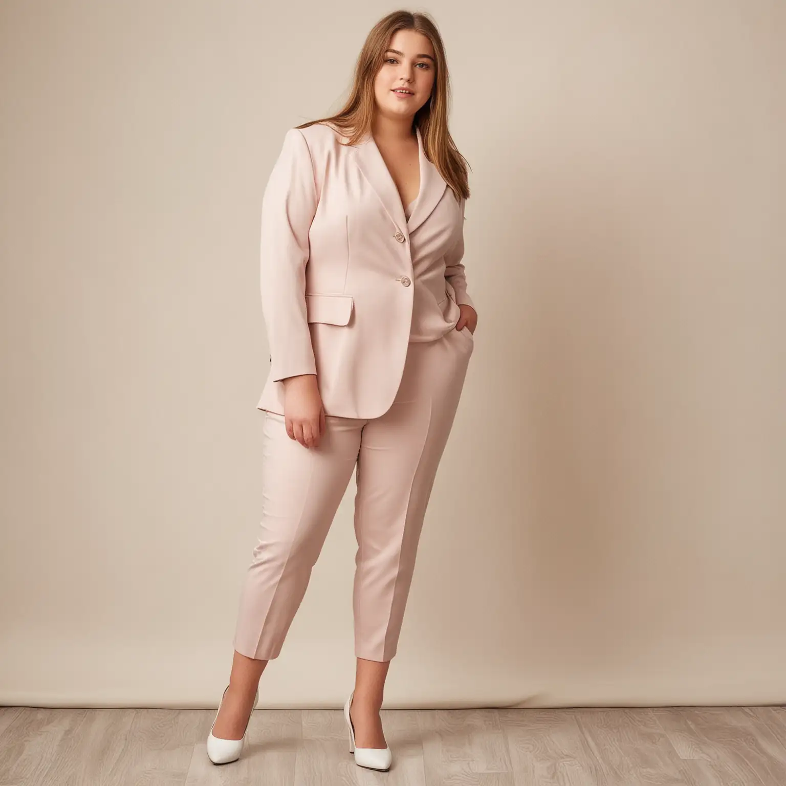 white teenage girl dressed for an interview in a pantsuit and mary janes. it is a teenage girl and should look like a teenager. she is a curvy plus size teen