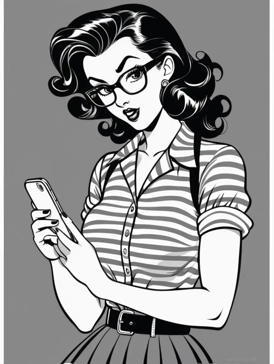 cute dark haired cartoon style pin up girl wearing glasses online shopping with cell phone. Black and white image. 