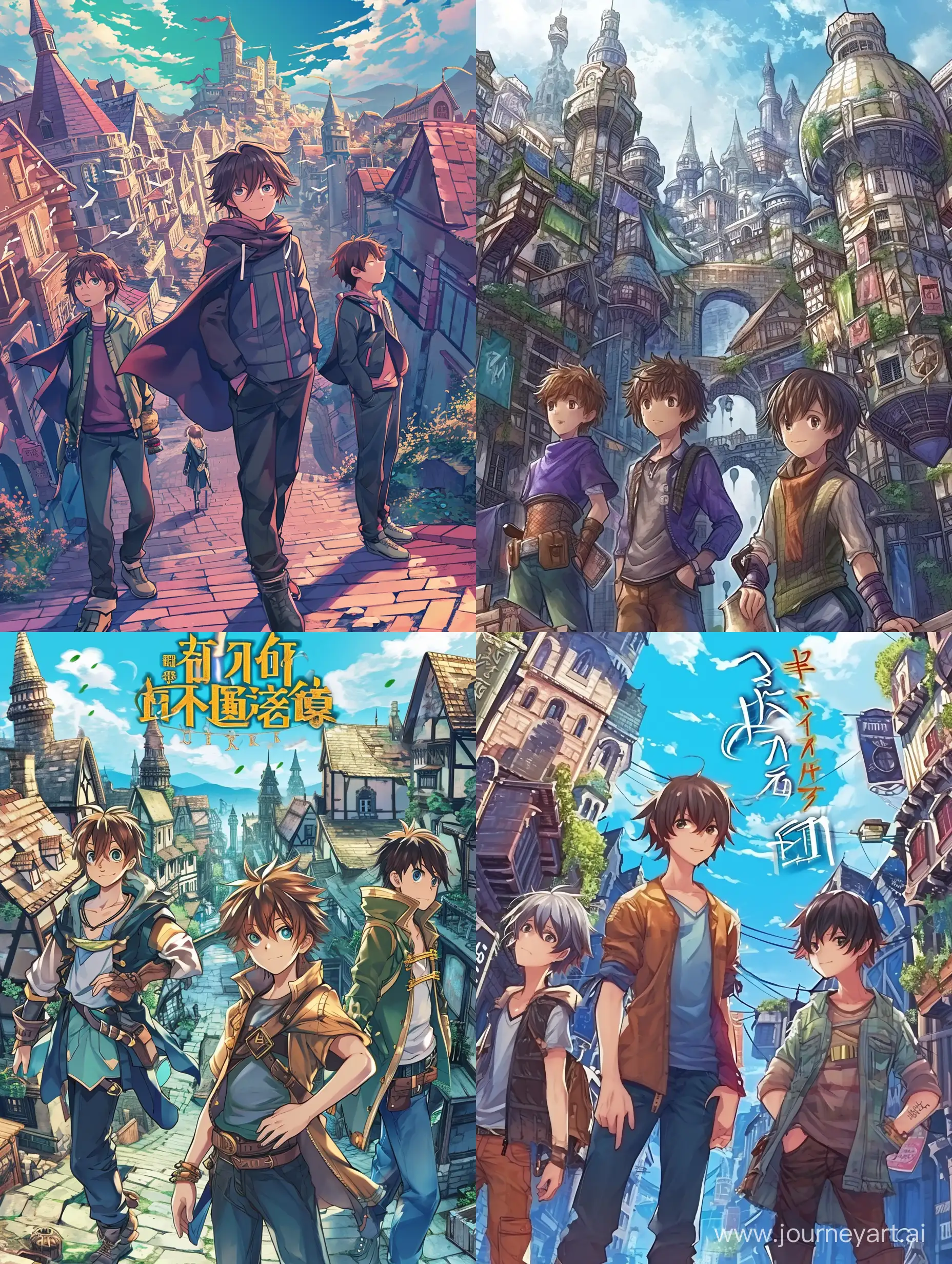 The cover for light novel(ranobe), three boys and one girl, fantasy city, fantasy world with buildings.