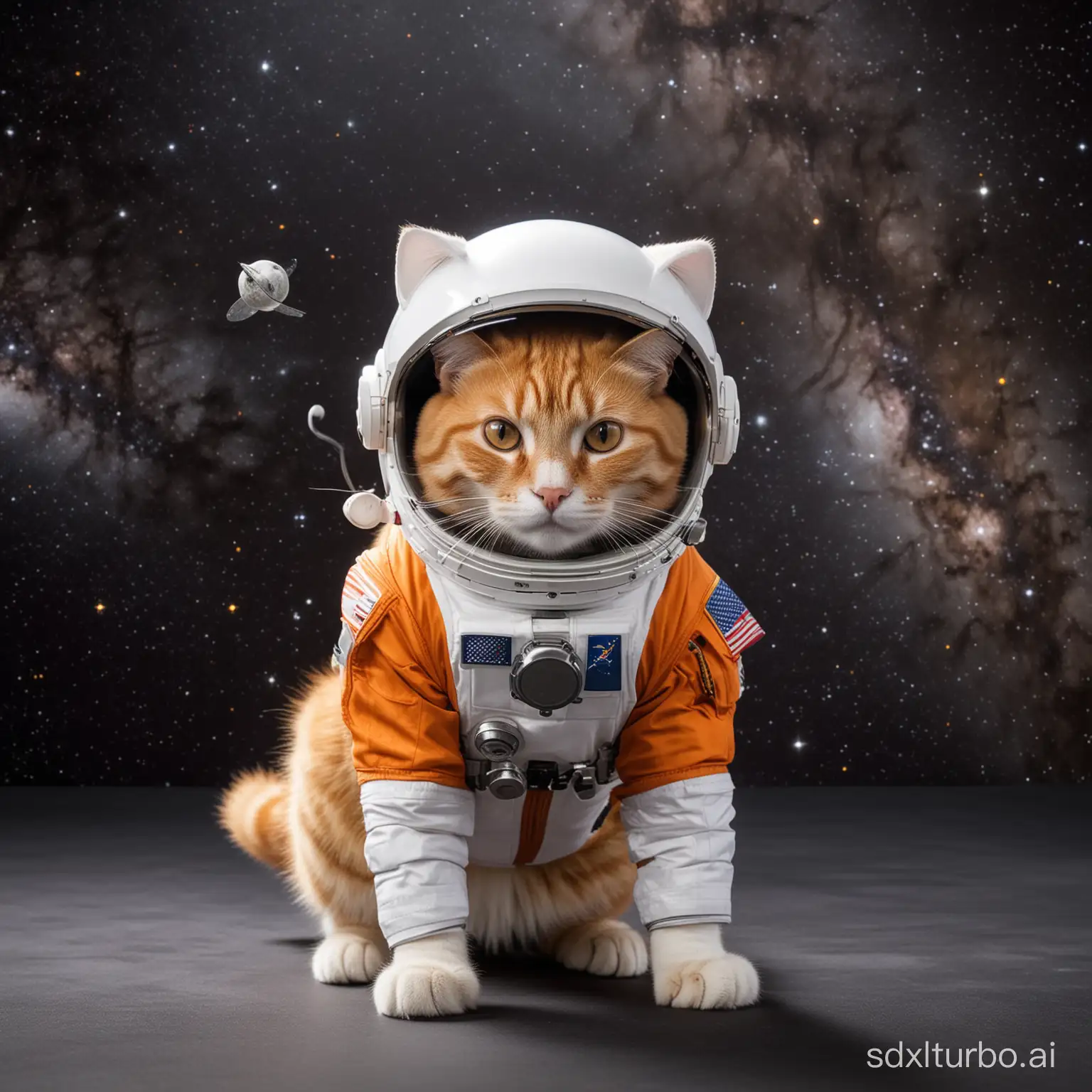 Orange cat with white stripey tail wearing an astronaut helmet and ifls on a spacerocket in deep space