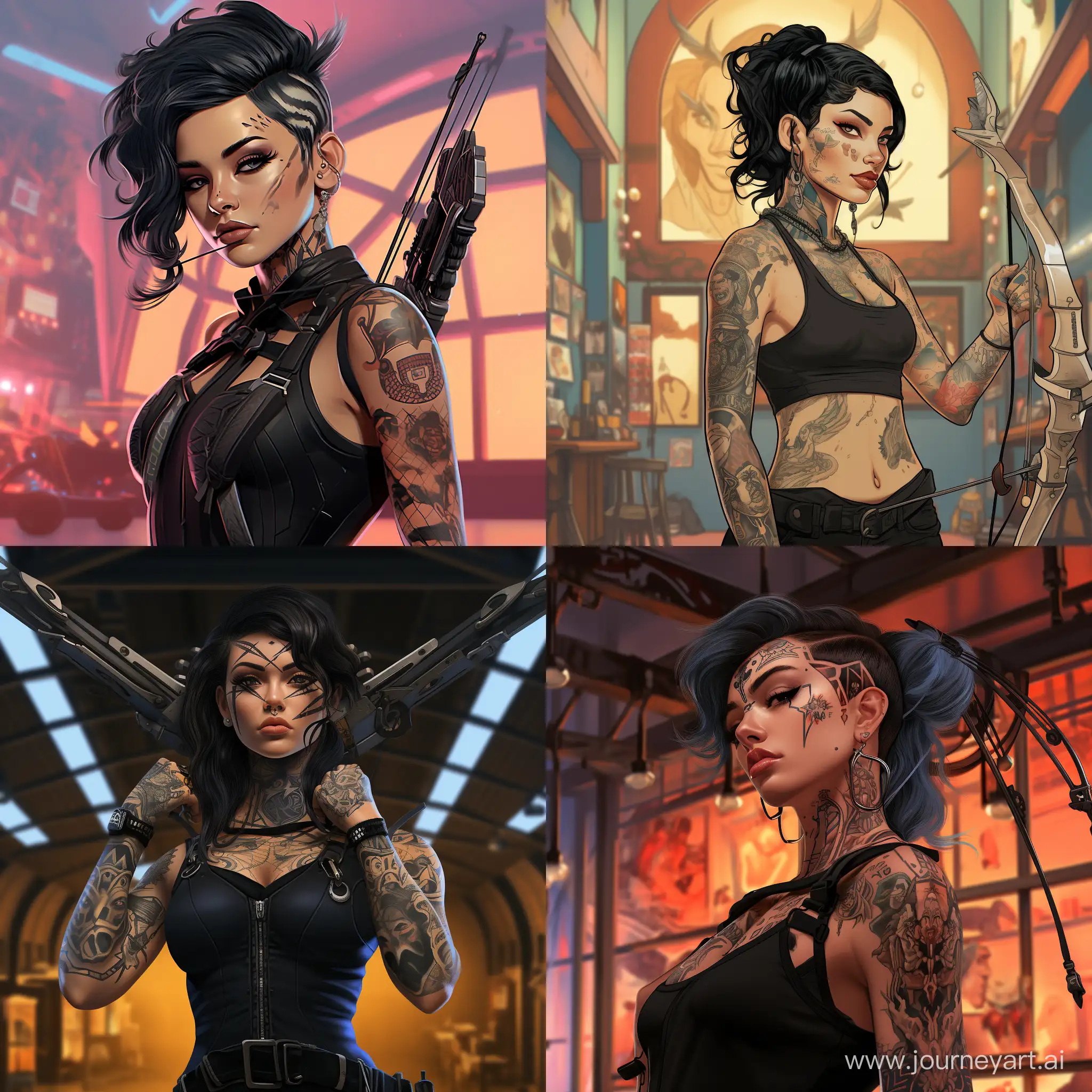 Digital art of a punk woman with black hair, a nose piercing and tattoos. She is doing an action pose and holding a compound bow. She has piercing eyes. The background is the hall of a tech industry and everything is clean and organized. The woman is smirking.