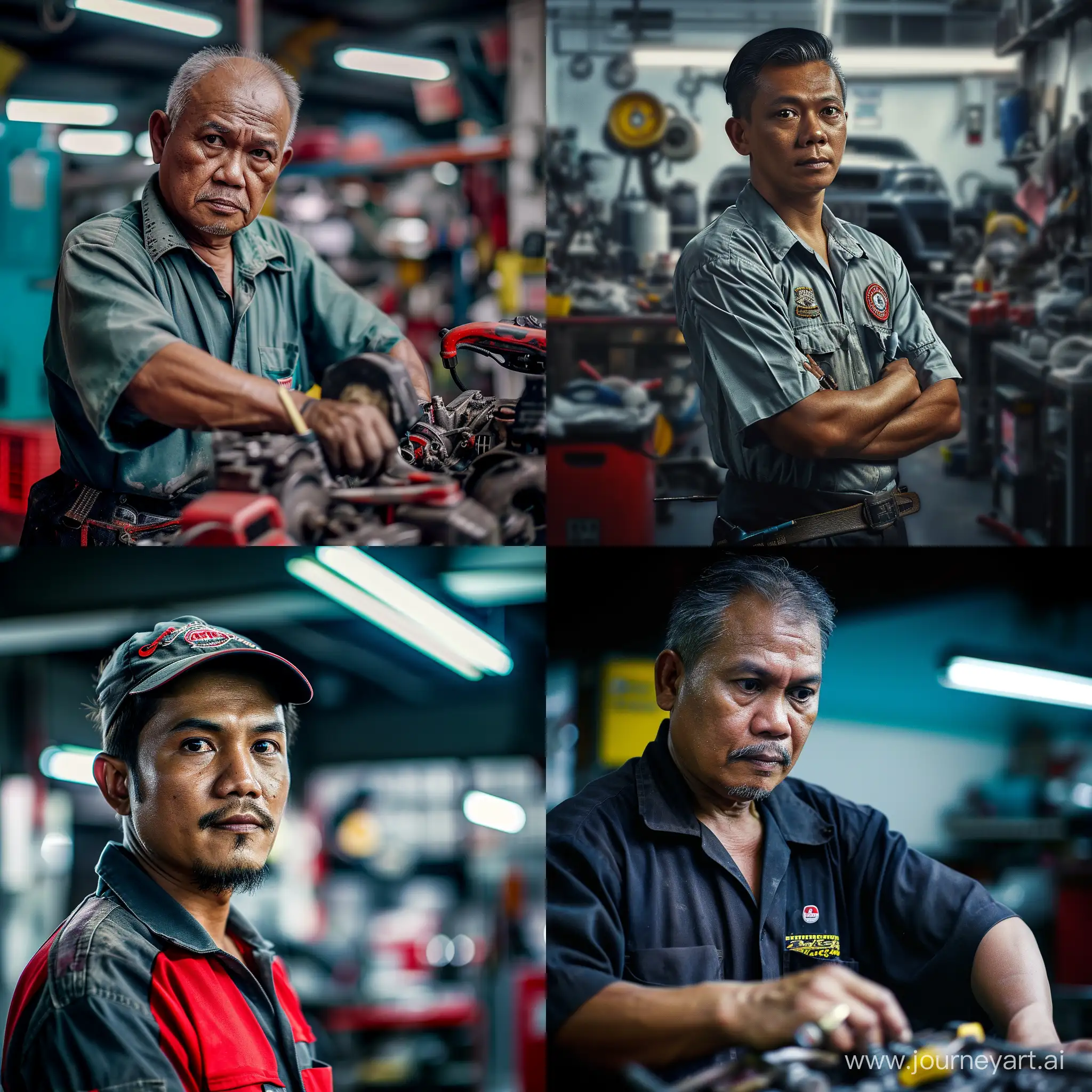 ultra realistic close up malaysia man,mechanic, modern workshop, petronas auto expert, canon eos-id x mark iii dslr --v 6.0
