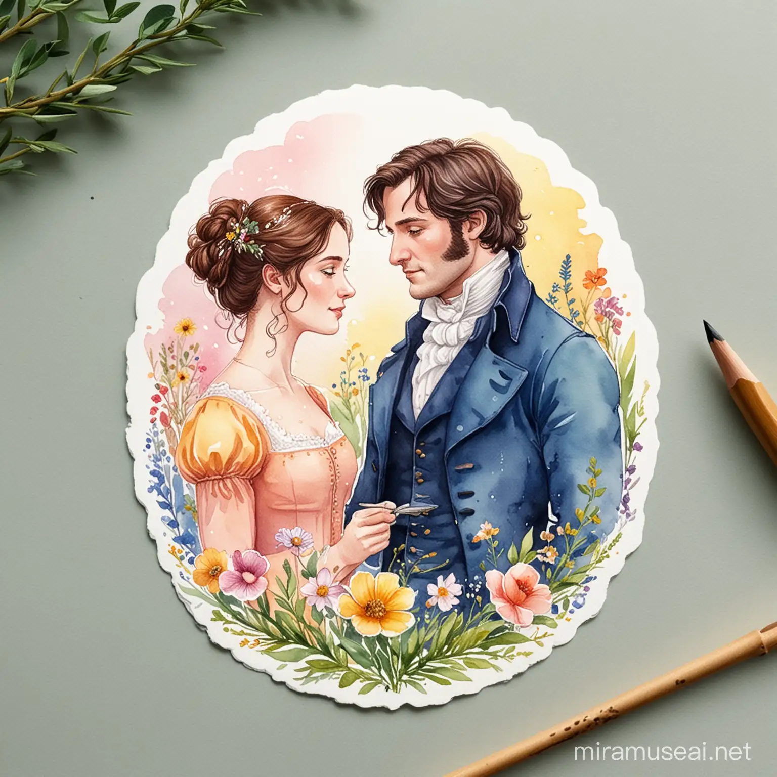 A higher quality watercolor illustration sticker of book two character from pride and Prejudice book , flowers in around , in acenter position, watercolor painting style format, use pink, blue, yellow,  orange,  violet, green watercolors , Elizabeth Bennet and Mr Darcy 