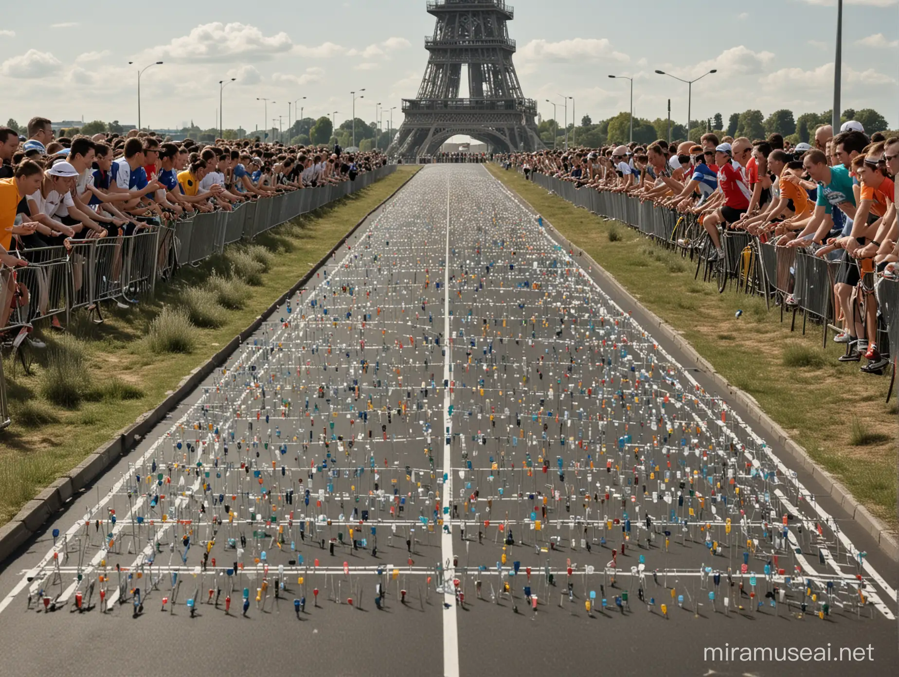 A world-class cycle road race. In the distance stands a giant tower of safety pins. The players are running towards it.