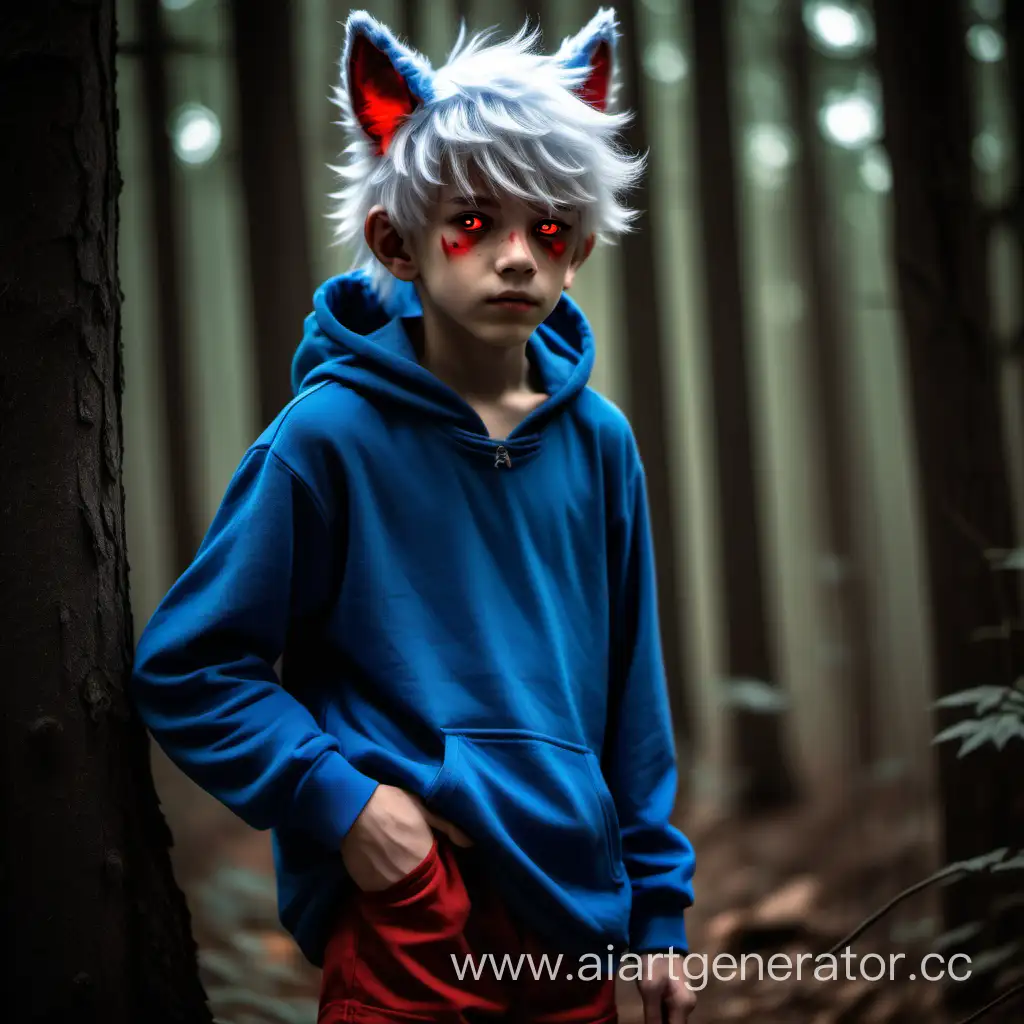 A 110-year-old cute boy with white shaggy hair and red eyes and with wolf ears,He's thin,he's stay in the woods, he is wearing a blue hoodie and brown shorts