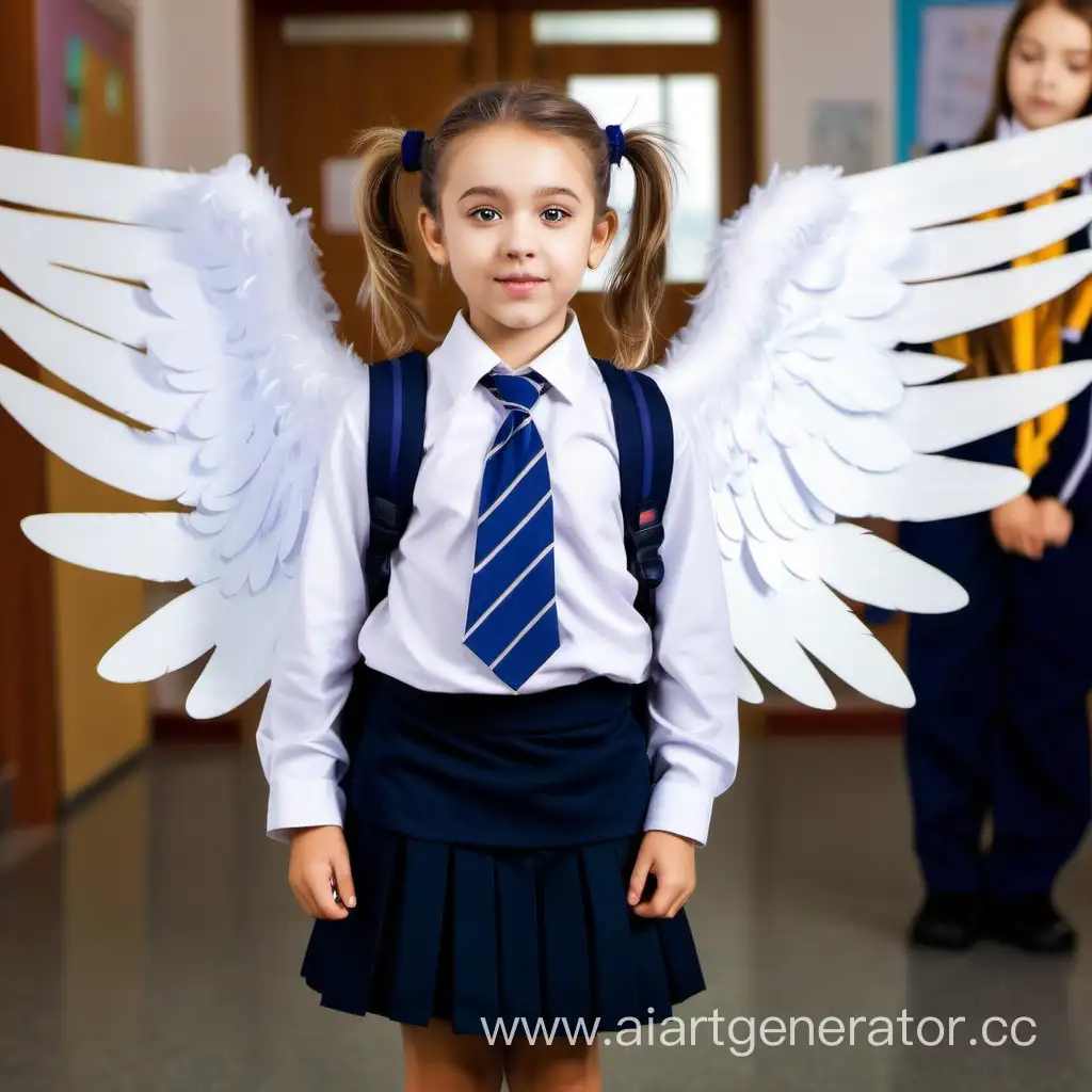 Маленькая девочка в школьной форме с большими крыльями в школе