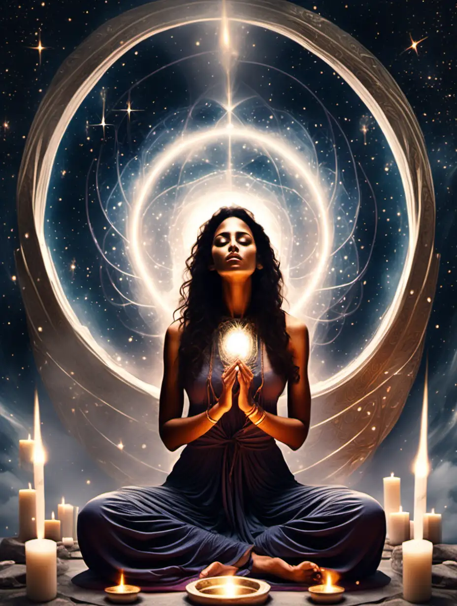new moon ritual of beautiful woman sitting at a sacred altar, feeling the divine presence of universal energy swirling around her.