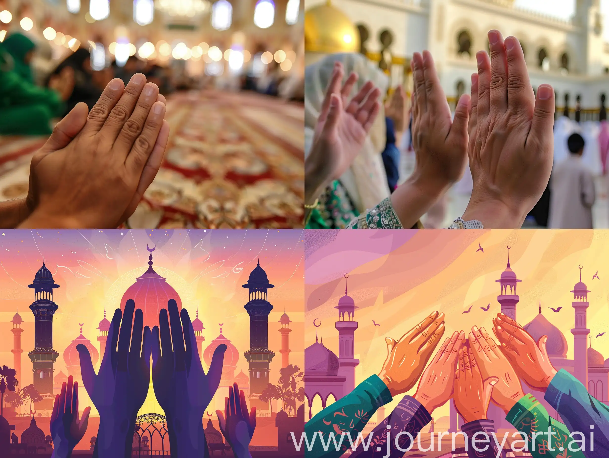Hands of Muslim people praying with mosque background