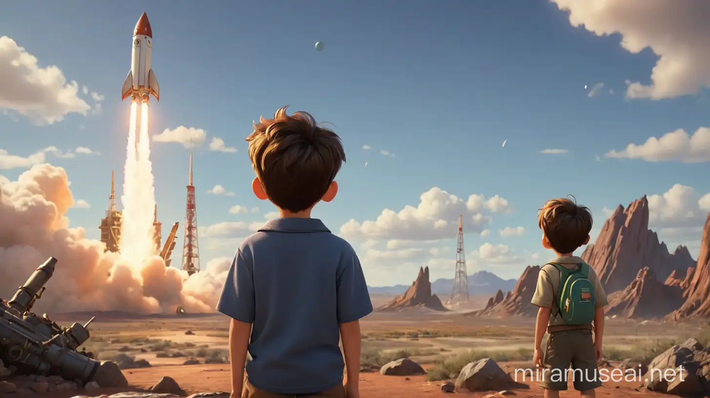 a pixar style kid(boy watching a rocket on earth with curiosity , disney animation style, cinematic style 