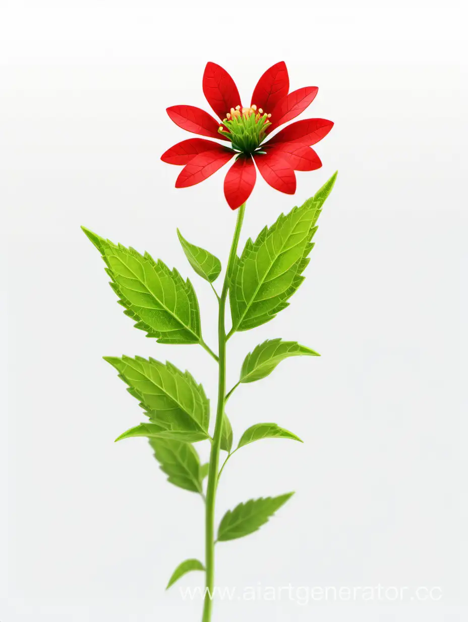 red wild flower 8k with fresh green leaves on white background 