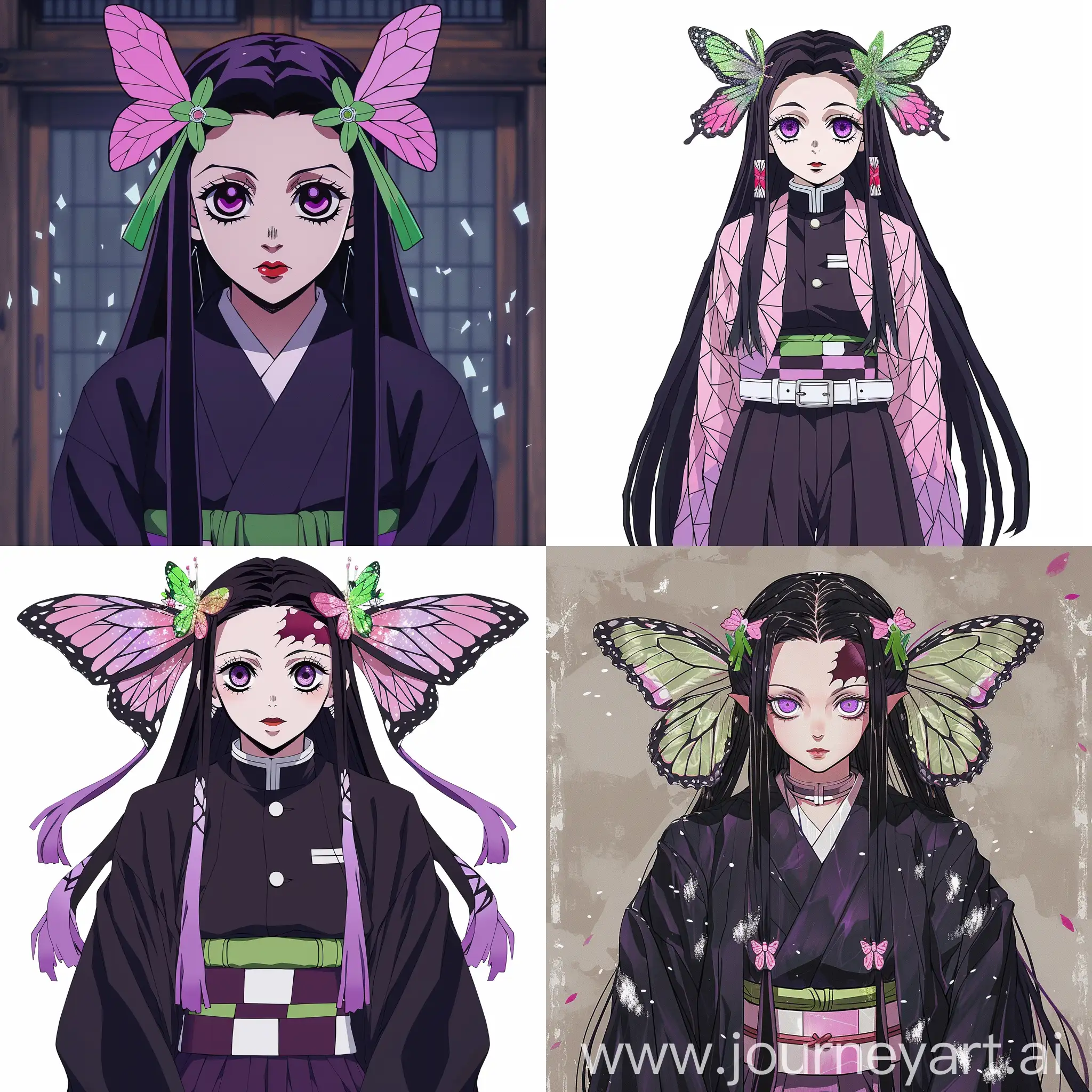 Demon slayer, sported a pair of green and pink butterfly hairpins, wore adorned on either side of her head,she wore a dark purple-tinted version of the standard Demon Slayer uniform and tattsuke hakama pants as well as a piece of black fabric around her calves and zōri with pale purple straps,bright and bug-like, with many notable white sparkles reflecting light off of them,had long, straight, black hair that reached just below her hips, worn down with two shorter clumps over her shouldersarched, ear-length bangs on either side of her face.  eyes pale violet and slanted towards the sides of her face,red lips