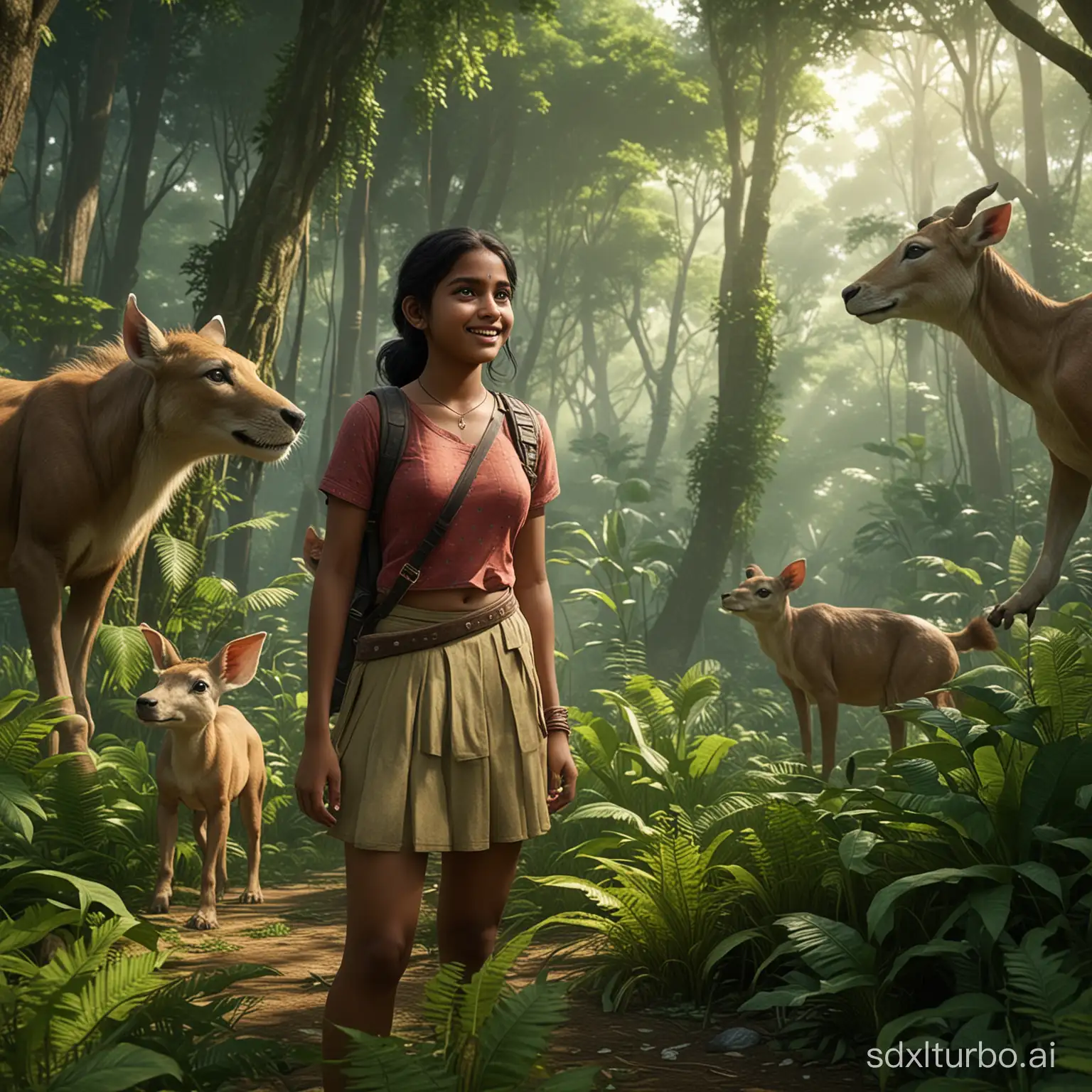 /imagine prompt: realistic, personality:a teen south indian girl Lily and her animal friends venture into the dense forest, encountering magical creatures and breathtaking sights. Laughter and joy fill the scene as they explore together, creating unforgettable memories amidst the lush greenery of the forest.unreal engine, hyper real --q 2 --v 5.2 --ar 16:9