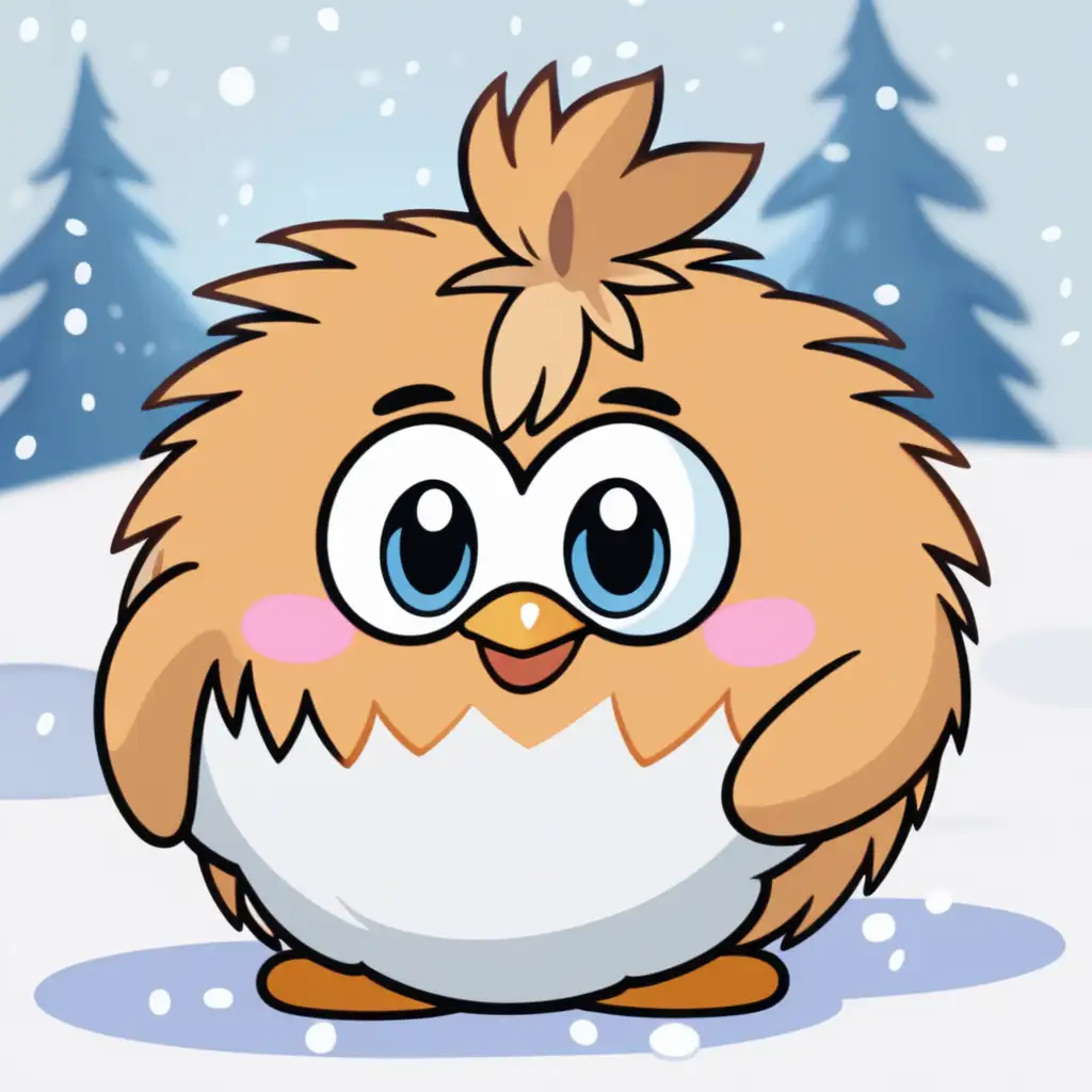 a cute ball of fur with large eyes, the fur is strawberry blonde, the ball plays in the snow, the ball smiles, the ball has no arms or legs, simplistic, cartoonish, inspired by a club penguin puffle