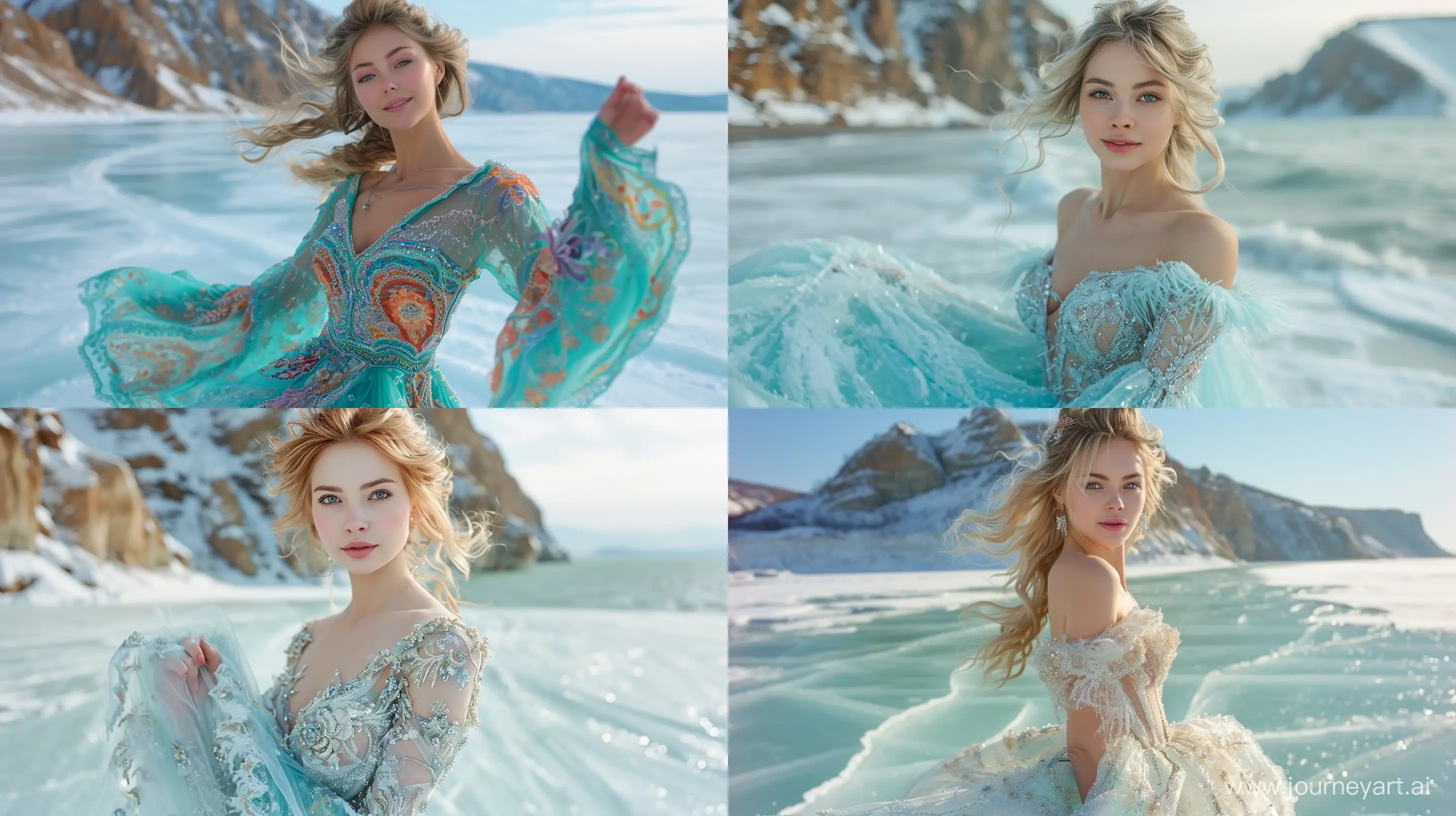 Film photography style, professional photo of a girl with pretty face in a polymer dress dansing on the ice of lake Baykal in a fairytale mountain setting,winter, frost emerald color pallette    --ar 16:9 --chaos 7  --v 6 --stylize 800