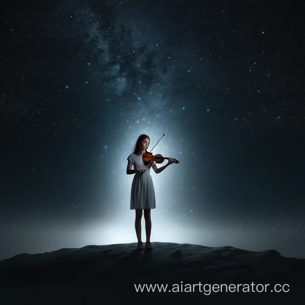 Девушка в белой длинной футболке стоит на фоне звёздного тёмного нету со скрипкой