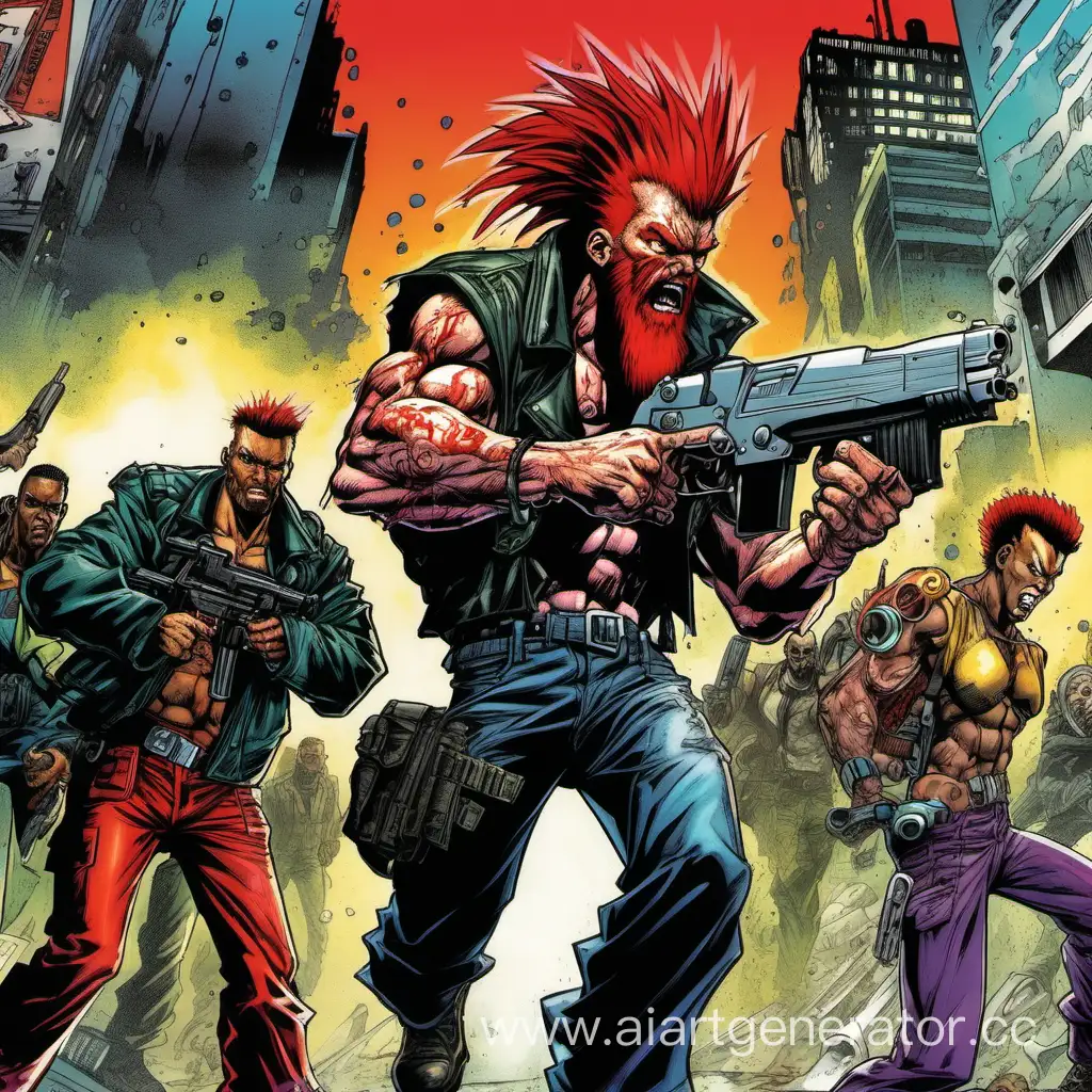 90s comics art, attack move, full height figure, cyberpunk, gun fighter, scooter gypsie, killer on the run, red mohawk, red beard, violent crazy, aggressive, colored