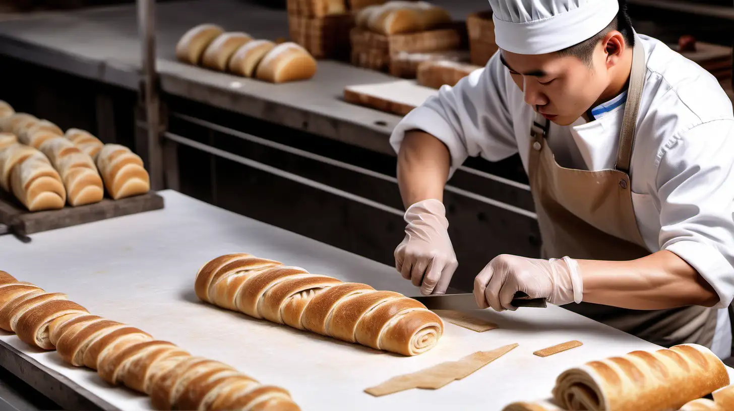 generate a thumbnail for a Chinese pro worker cutting rolled breads together to save time depicting his proficiency and make the design easily visible