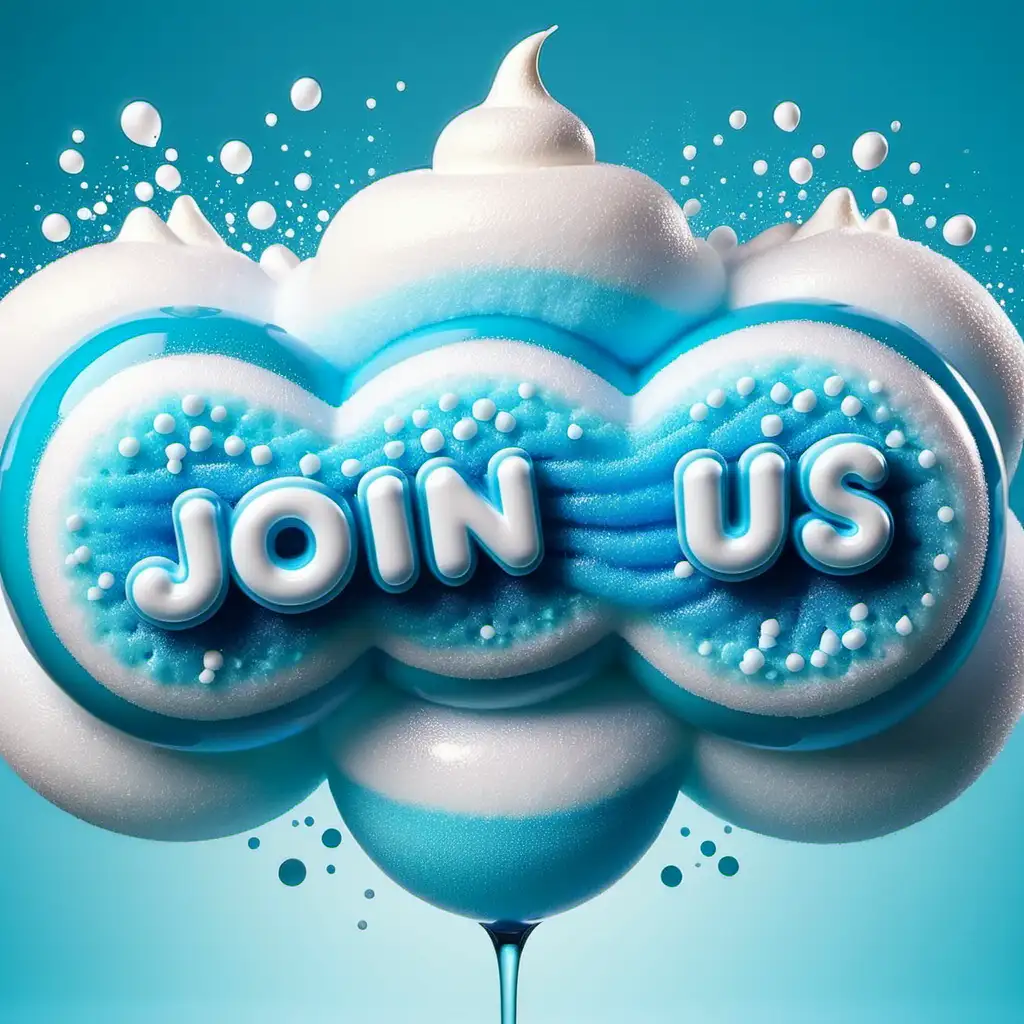 create me a me a "join us" title with blue and white colors with a slushy theme
