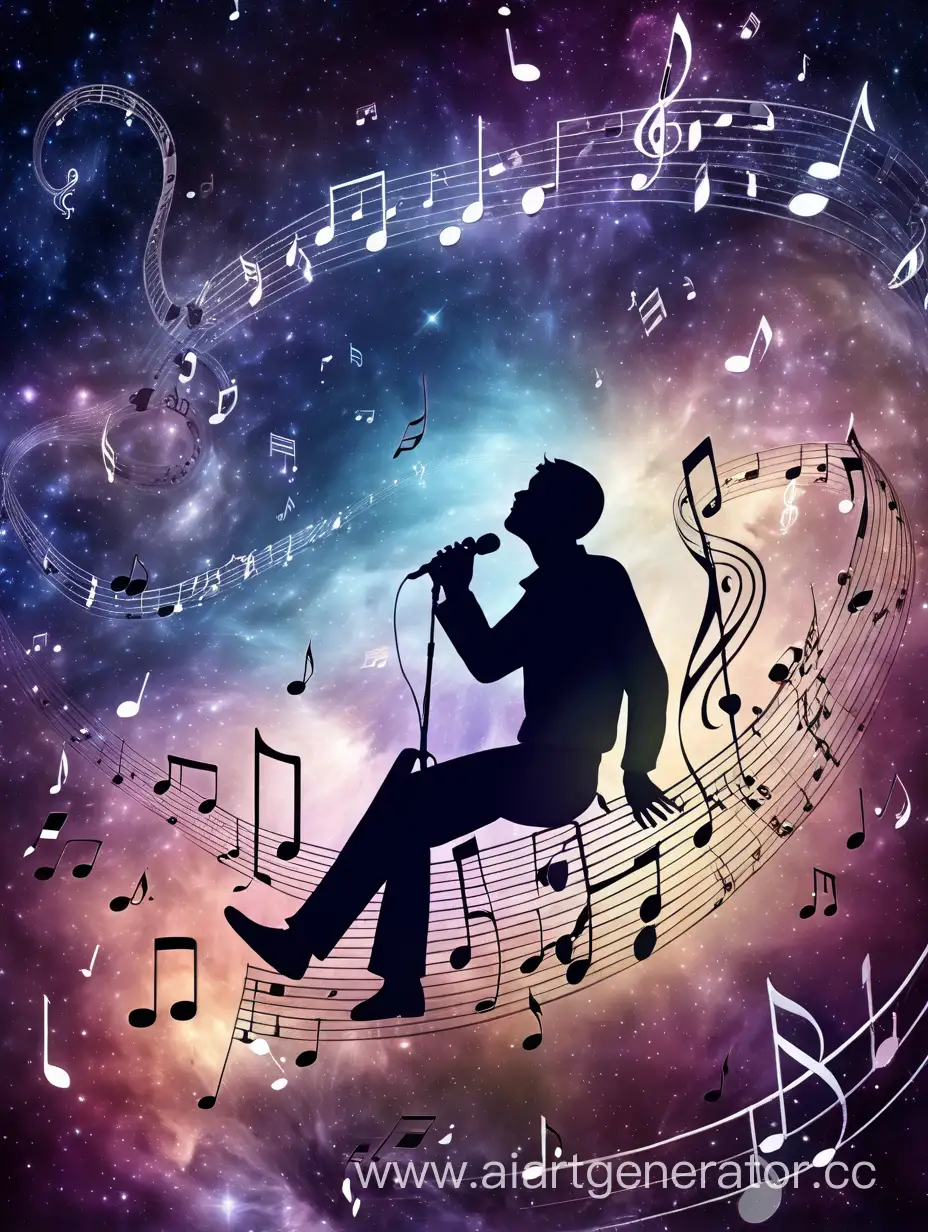 Такты тайной музыки. Музыка летит как космос. Мужчина двигается и поет в такт музыки. Вокруг галактика из нот.