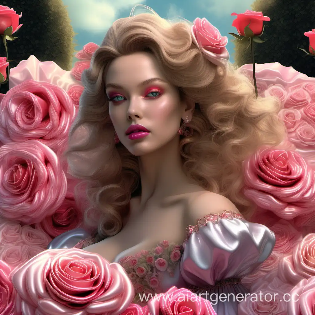 This is realistic fantasy artwork set in the an enchanted pastel bubblegum and rose garden. Generate a proud woman with a highly detailed face dressed in the billowing folds of a stunning French silk ballgown. The woman's sweet face is ((((highly detailed, with realistic features and soft, puffy lips.)))) The ballgown is embellished with ruffles, sashes, and bows and a delicately, but intricately, hand-embroidered bodice. The corset features silk ribbon. The woman's stunning eyes are beautifully detailed, featuring realistic shading and multiple colors and high resolution. The woman is in a garden of eternal roses, each one beautifully formed and highly detailed. These realistic roses feature shimmering shades of pink, yellow, orange, and glimmering red. The eternal rose is a deep shade of red with shimmering pink overtones and undertones. Ensure that the woman's face, hair, and eyes are perfect. Important: include interesting details like stars, bubbles, ((and glitter)). realism, high fantasy, whimsical fantasy, storybook fantasy, fairytale fantasy, fantasy details, enchanting, bewitching, 8k, hires, cgi, digital painting, unity, unreal engine, (((masterpiece))), intricate, elegant, highly detailed, majestic, digital photography, art by artgerm and ruan jia and greg rutkowski, (masterpiece, finely detailed beautiful eyes: 1.2), hdr, realistic skin texture, (((1woman))), (((solo))), Include a highly detailed face, extremely detailed face, and interesting background.