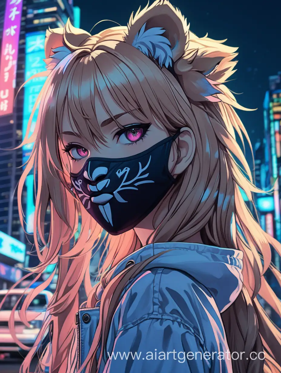 Anime-Lioness-Girl-in-Neon-City-with-Fangs-Mask