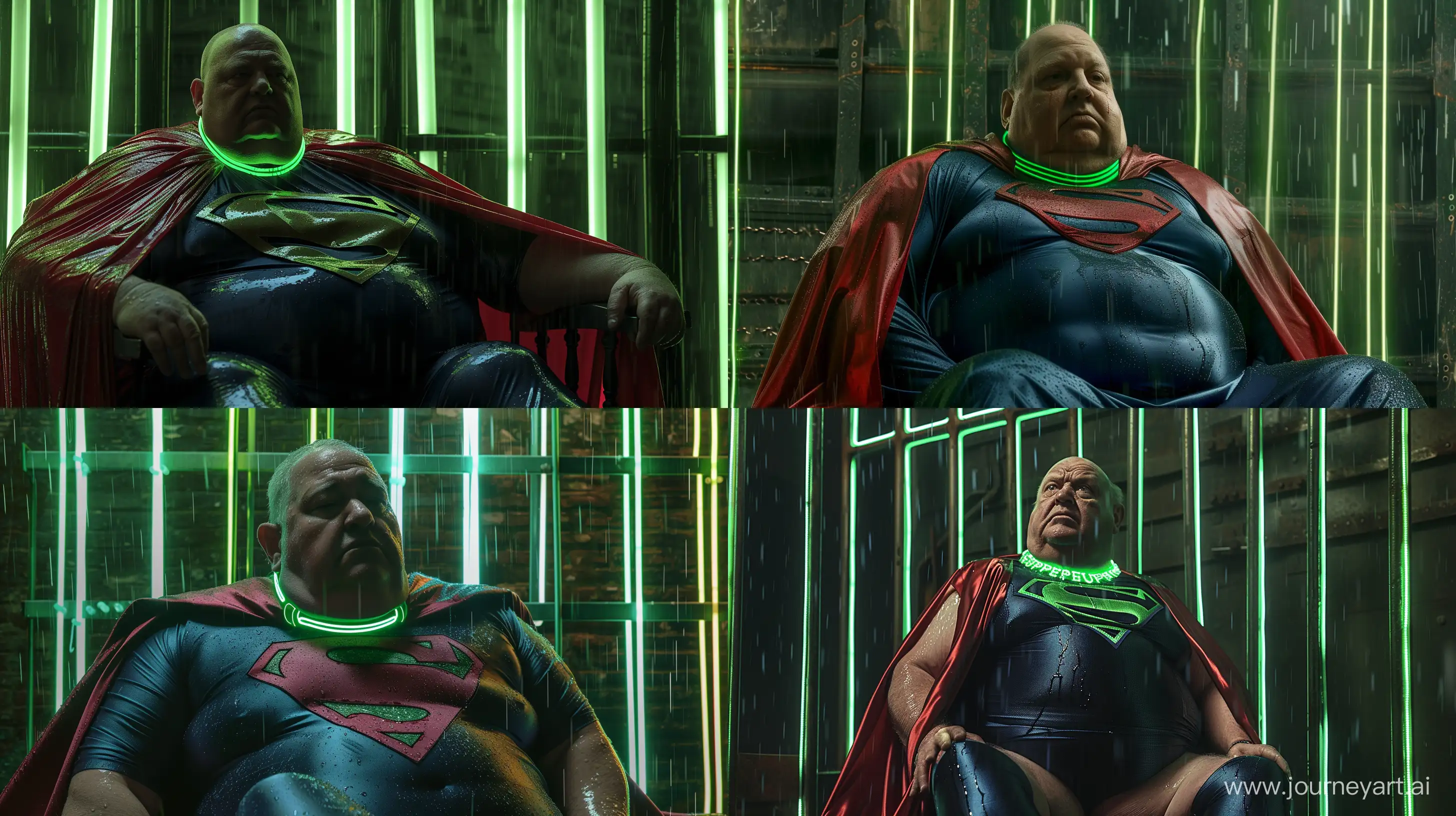 Extreme close-up shot photo of a fat man aged 60 wearing a silk navy wet superman tight costume with a large red cape and a tight green glowing neon dog collar. Sitting against green glowing green neon bars. Heavy Rain. Natural Light. --style raw --ar 16:9