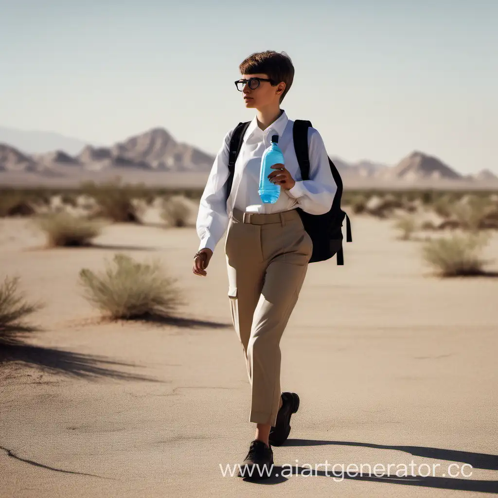 Девушка в офисном костюме с короткой стрижкой в очках с рюкзаком за плечами идет по пустыне и пьет воду