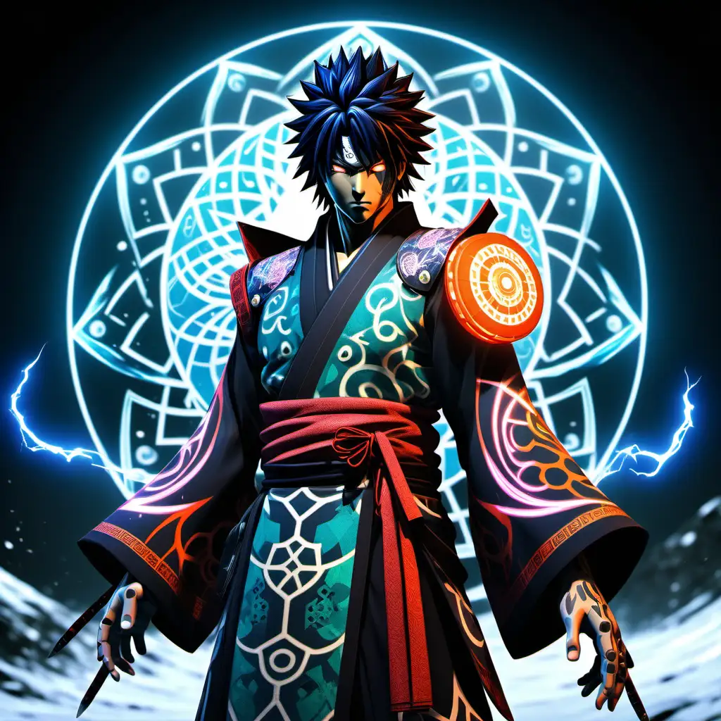 high definition simulation of a video game world boss character creation screen with cyberpunk Samurai ninja,Sasuke With anime style hair and yingyang eyeballs With glowing lightning fists wearing a beautiful frozen kimono with red black and orange sacred geometry and armored shoulder guardsleopard with anime hair With glowing lightning fists wearing a beautiful frozen kimono with green black and orange blues snow sacred geometry and armored shoulder guards