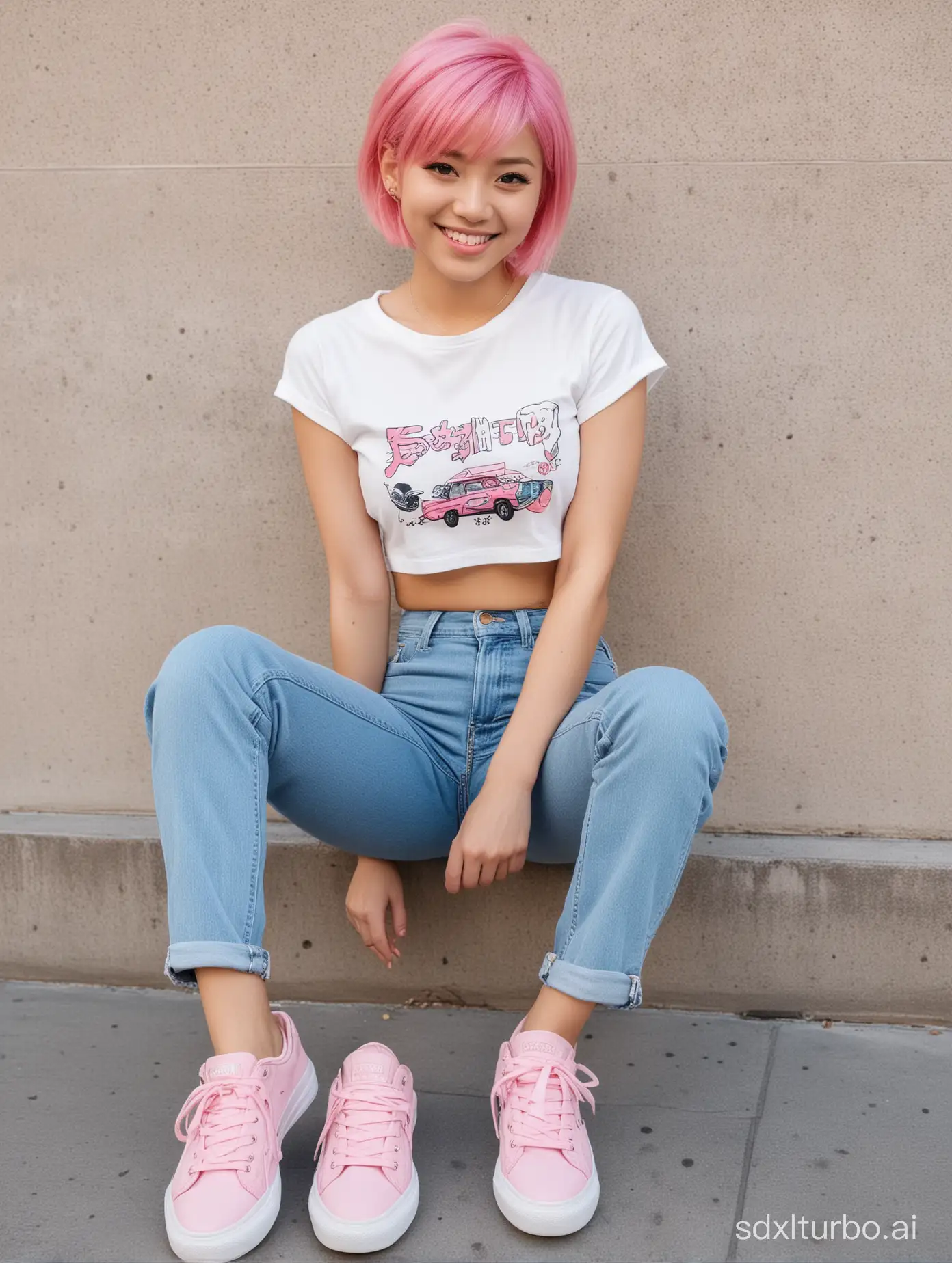 Japanese girl. flat chest. smiling. crop top. low rider jeans. canvas shoes. short pink hair. 