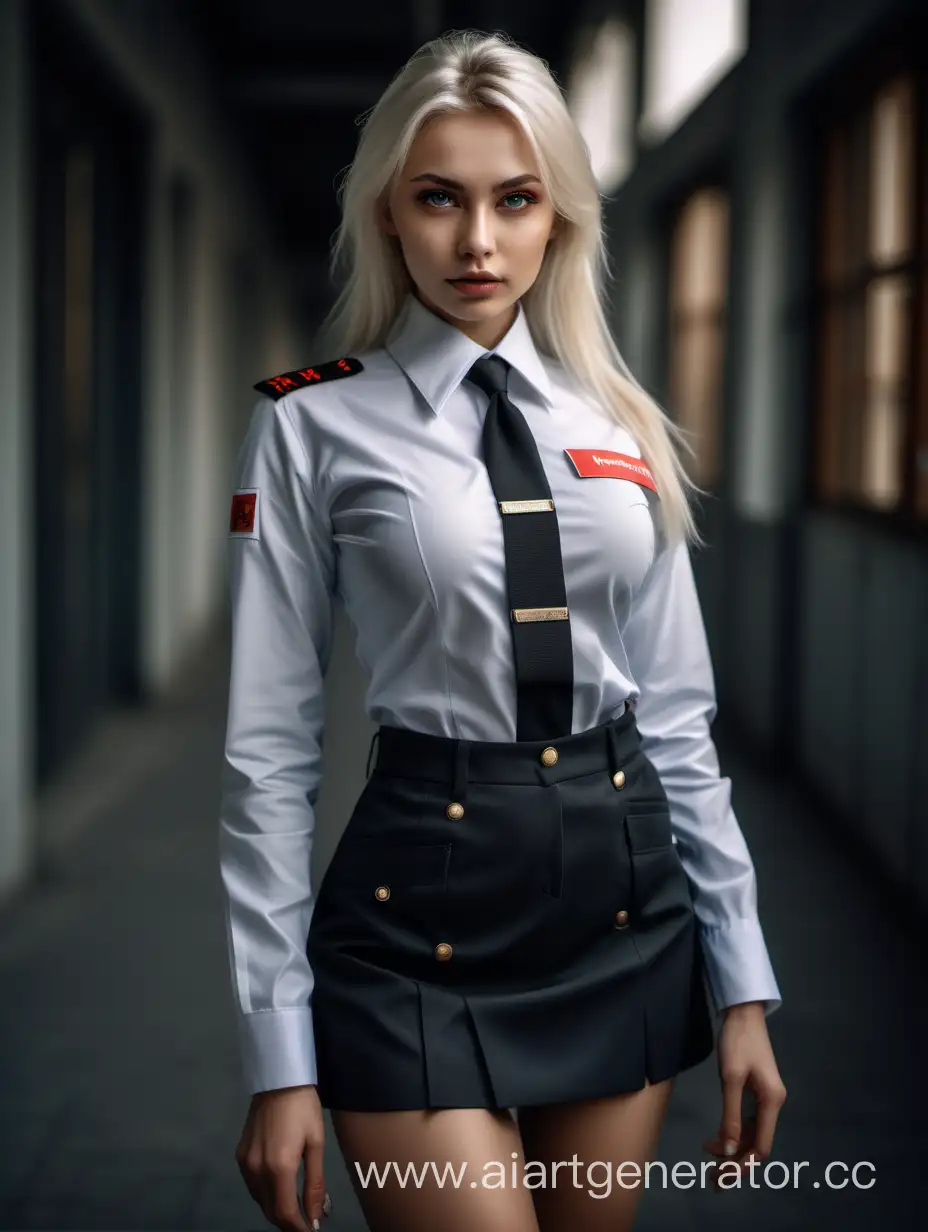 Photo of a beautiful russian model looking at camera, full body, wide shot, detailed skin, film photography, perfect body, realistic, sharp focus, very detailed, 4K HQ, depth of field, f/1.2, Leica, 8K HDR, High contrast, shadows, bokeh, platinum blonde hair, nylon uniform