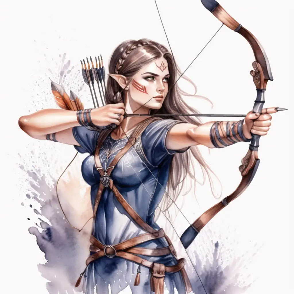 fantasy female archer, dark watercolor drawing, no background