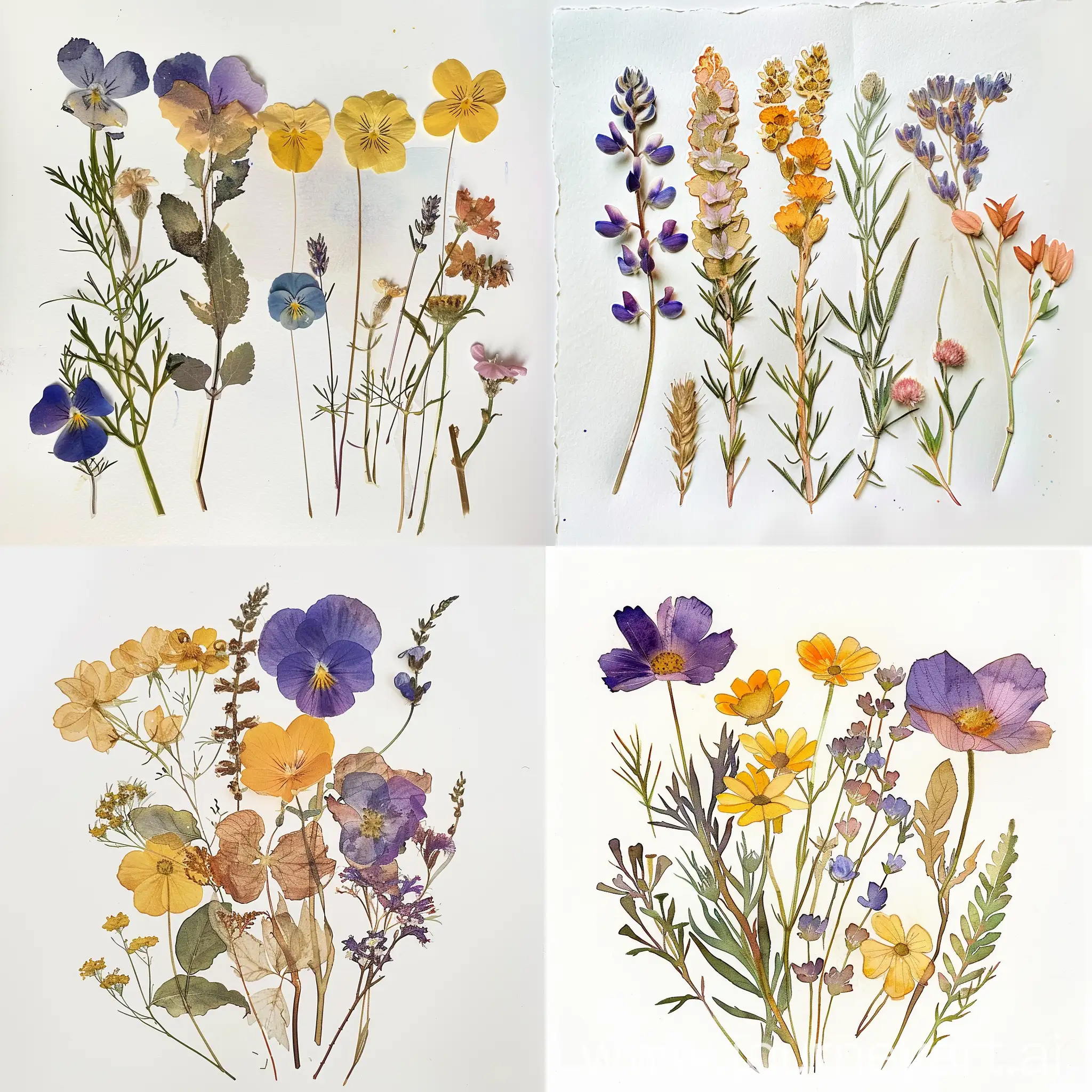 pressed wildflowers, watercolor