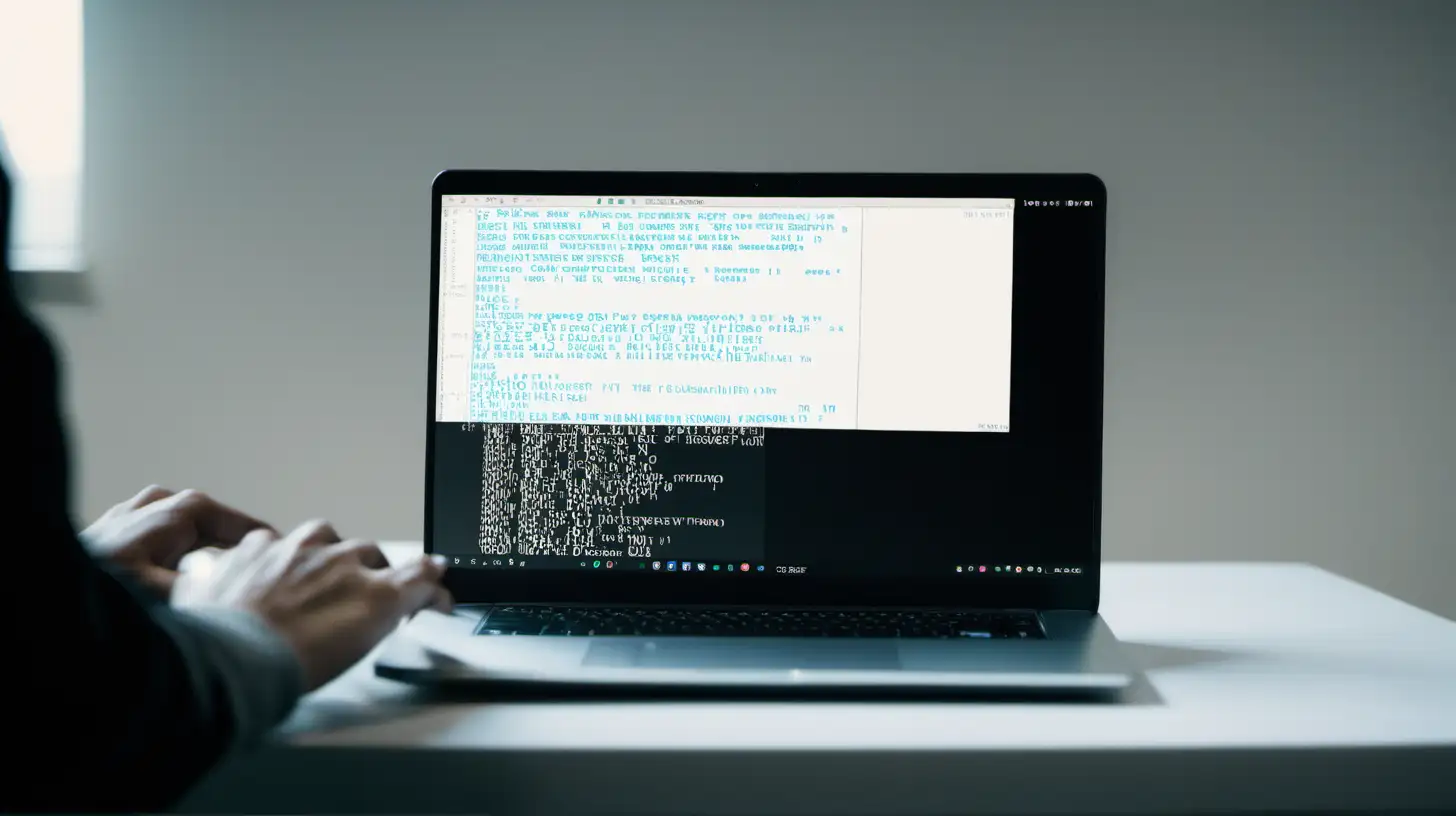 show me a laptop with code and a person coding behind it