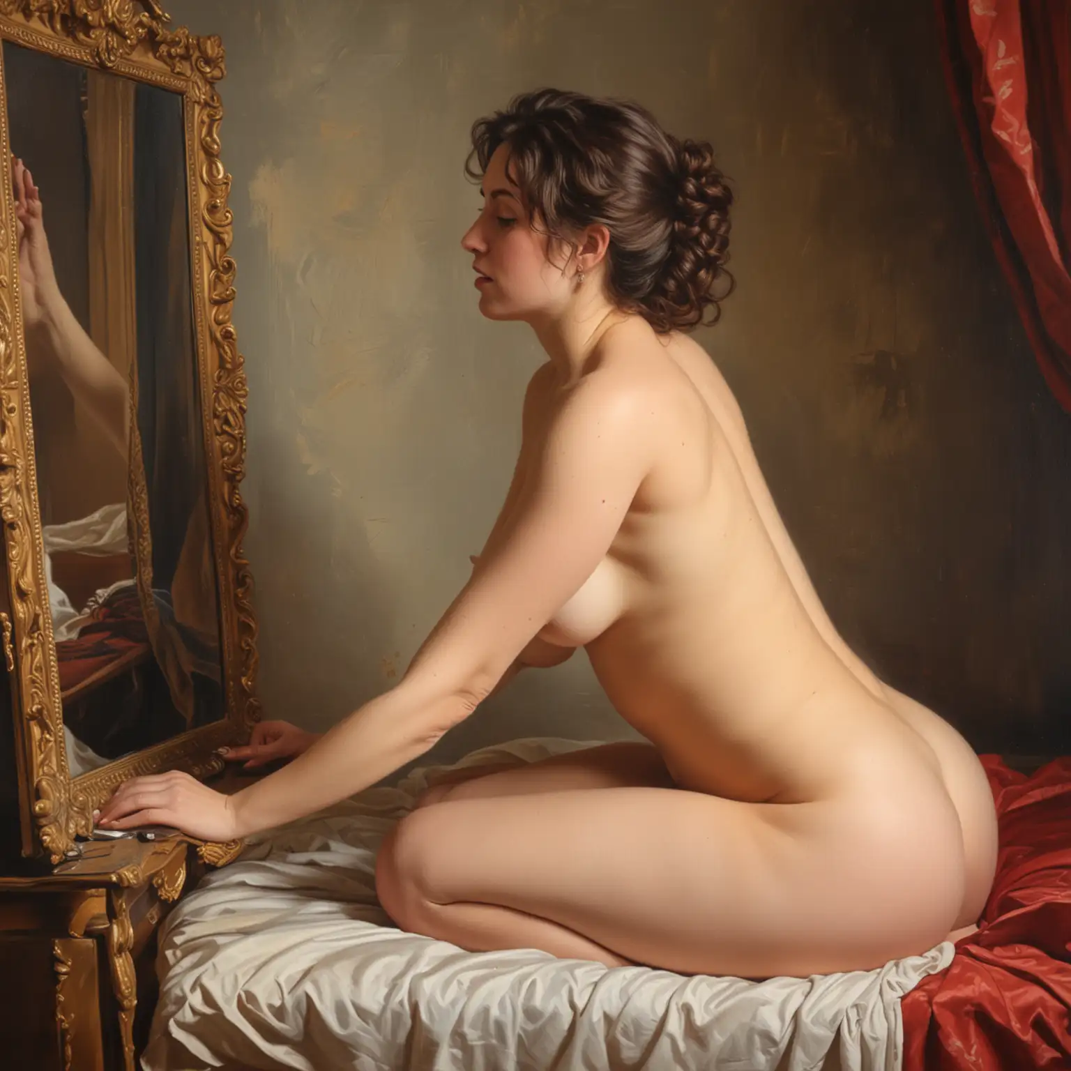 Une peinture de femme nue dans son boudoir dans le style de Tissien