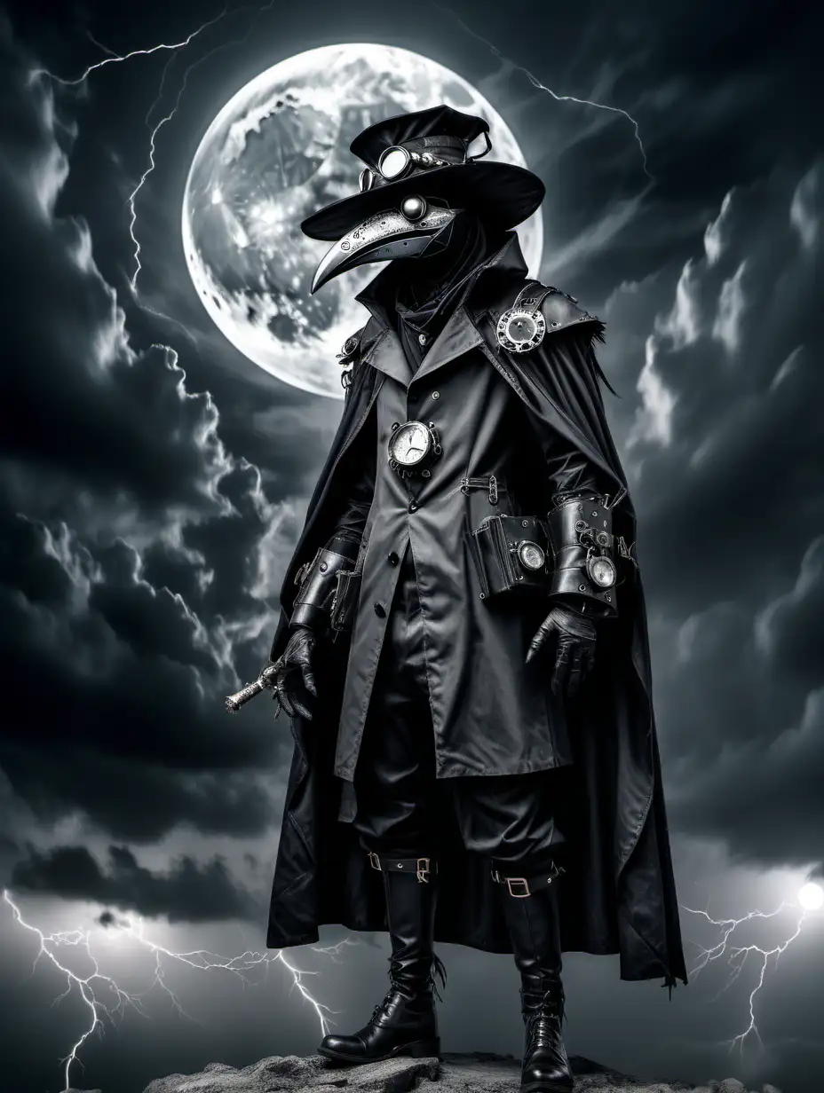 Steampunk Plague Doctor Raven with Full Moon in Thunderstorm