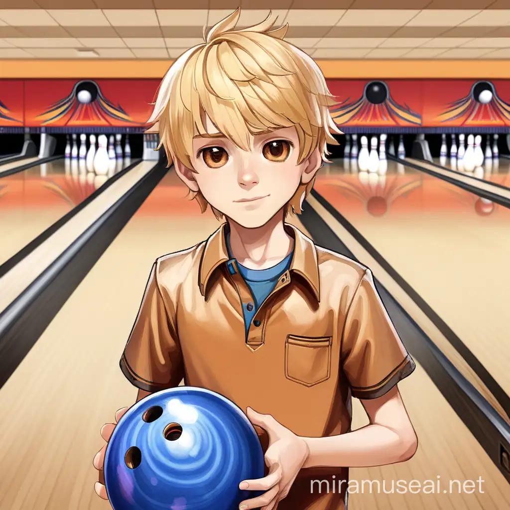 Un garçon cheveux blonds les yeux marrons devant une piste de bowling tenant dans ses mains une boule de bowling