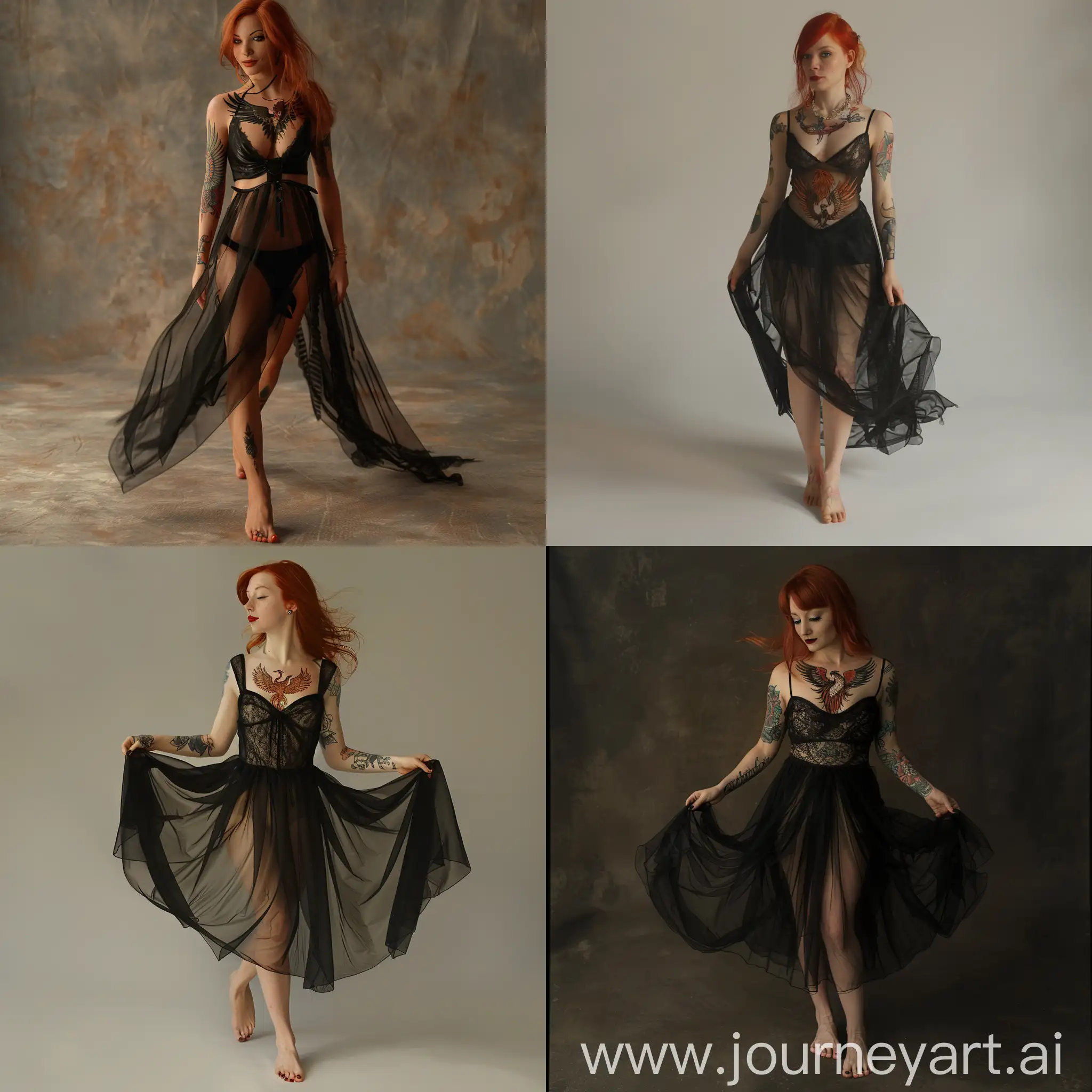 Photorealistic-Redhead-Goth-Woman-with-Phoenix-Tattoo-in-Sheer-Black-Dress