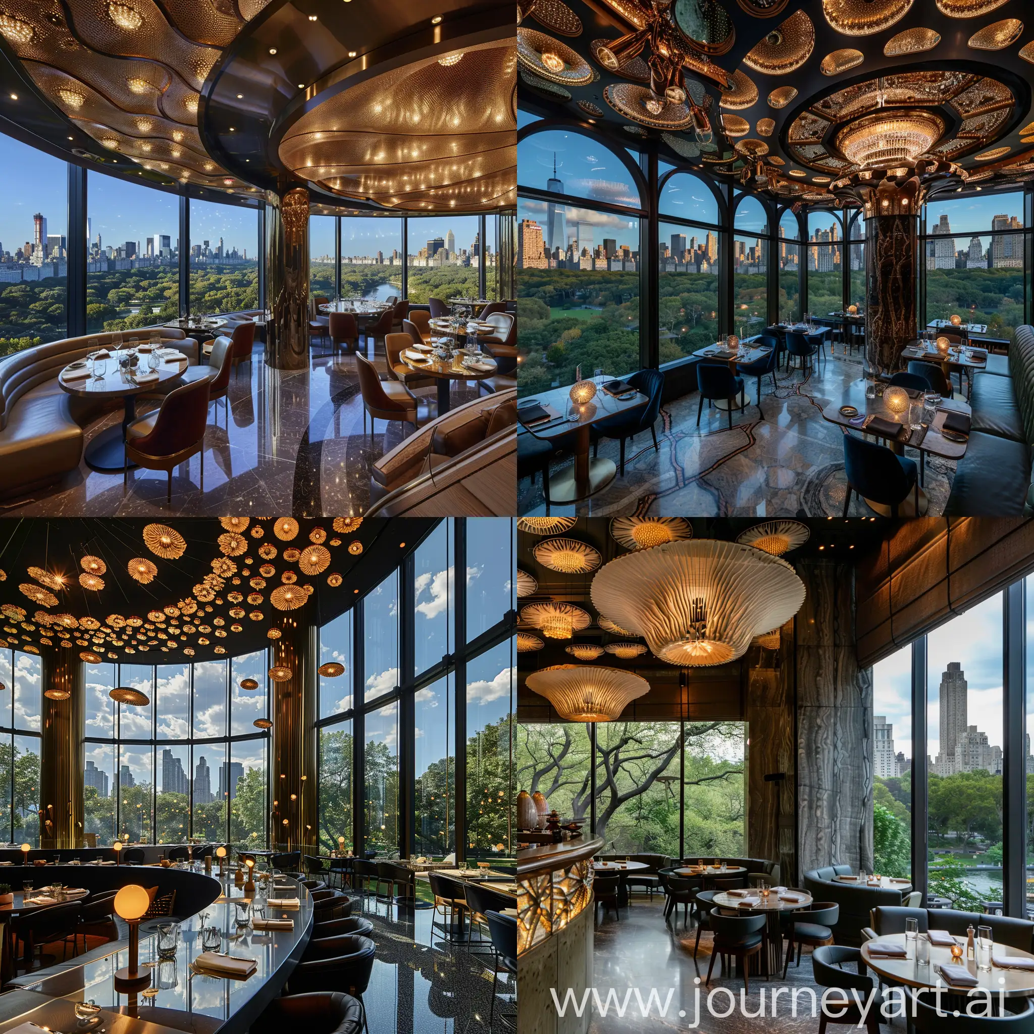 neo-cosmic style restaurant interior, views of central park out the floor to celling windows, mushroom lamella inspired lights in the celling