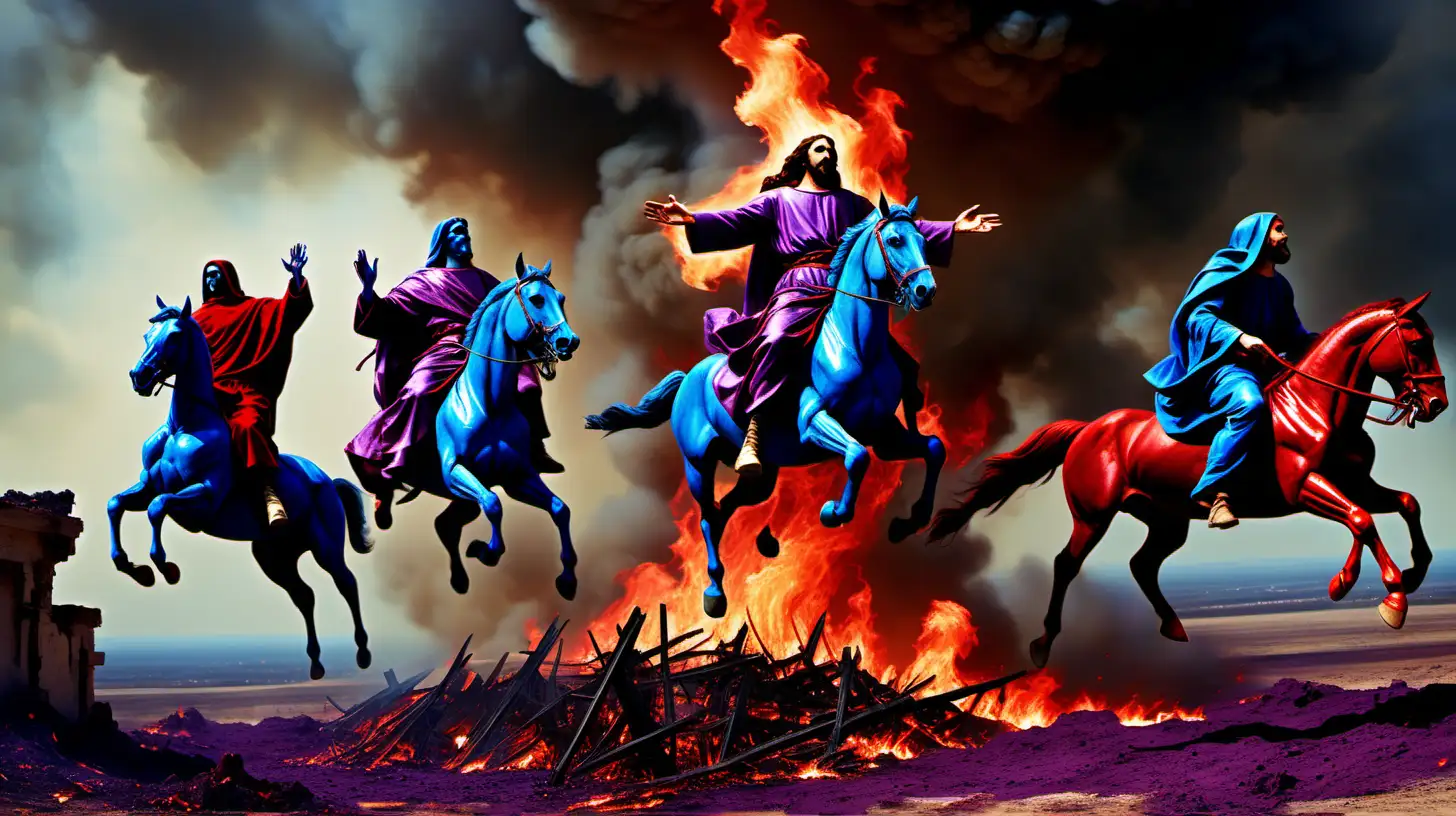 denial of gravity and levitation Four horsemen of the Apocalypse, led by Jesus Christ and behind them is a ruined, burning landscape
 in motion floating in a fictional war universe, everything around  Four horsemen of the Apocalypse, led by Jesus Christ and behind them is a ruined, burning landscape
 denies the laws of gravity and physics, vintage purple and red and blue color